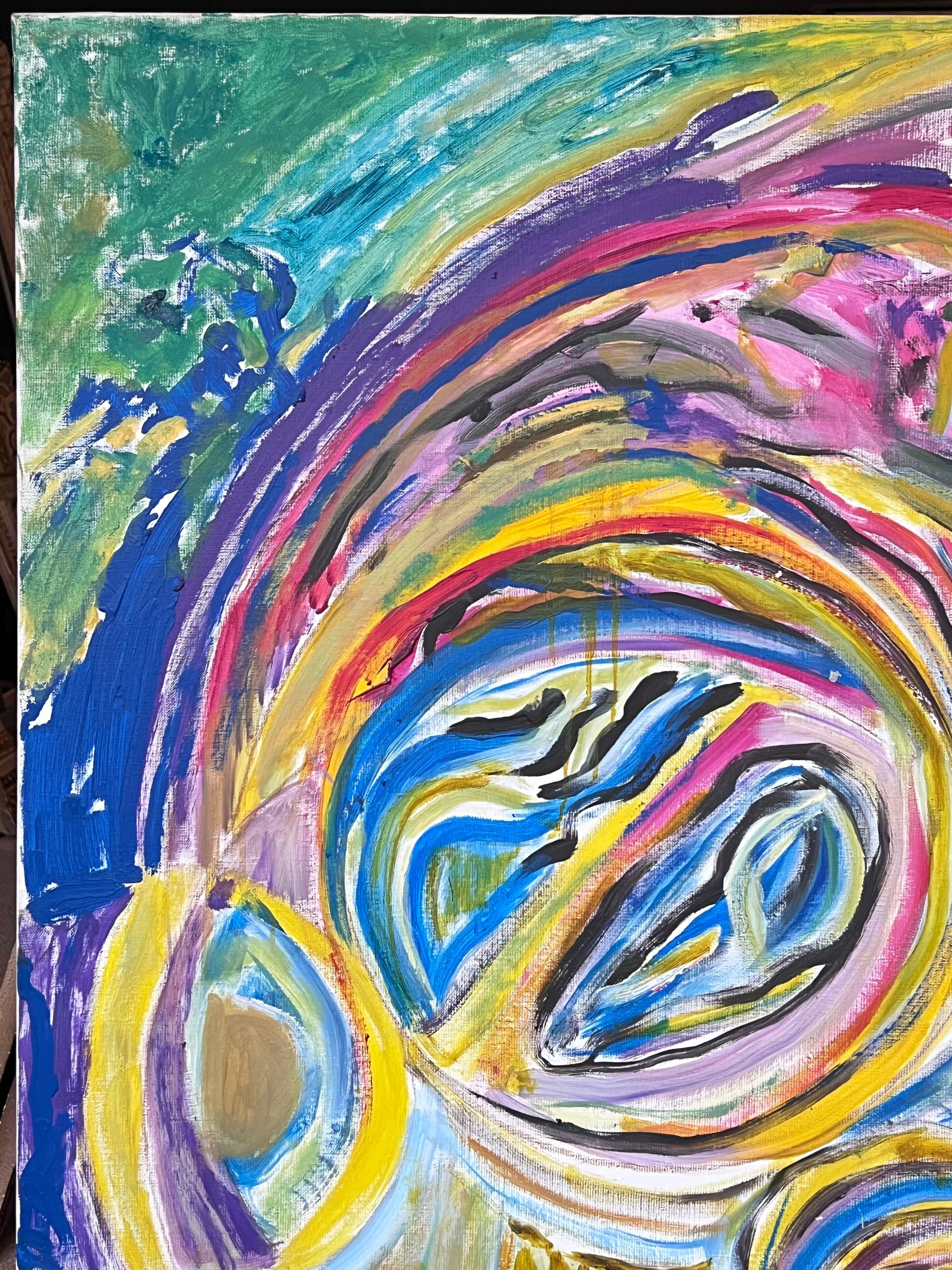 Leuchtend wirbelndes abstraktes Gemälde mit kräftigen Farben, Französisch 20. Jahrhundert (Abstrakter Expressionismus), Painting, von Gilbert Pelissier