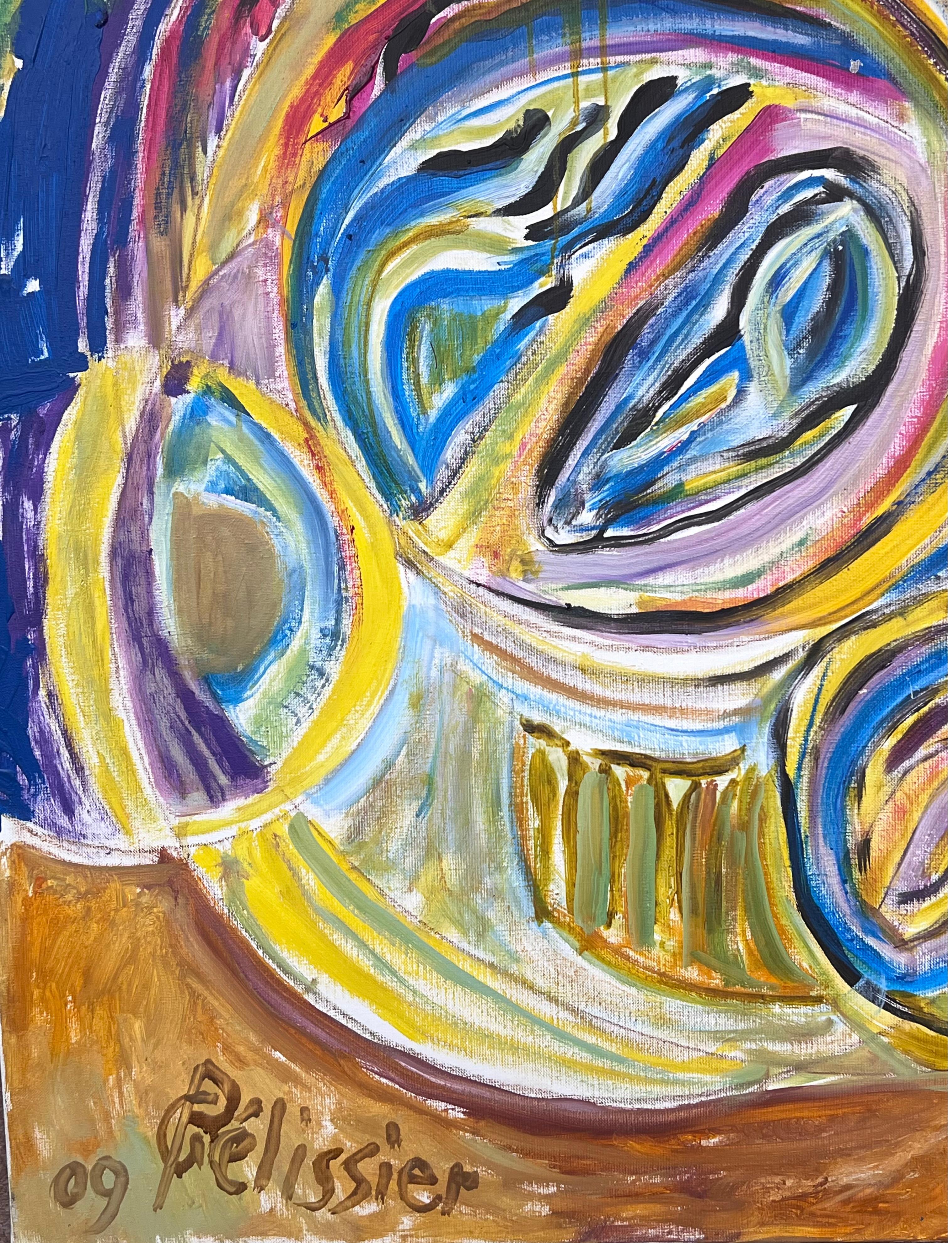Leuchtend wirbelndes abstraktes Gemälde mit kräftigen Farben, Französisch 20. Jahrhundert (Braun), Abstract Painting, von Gilbert Pelissier