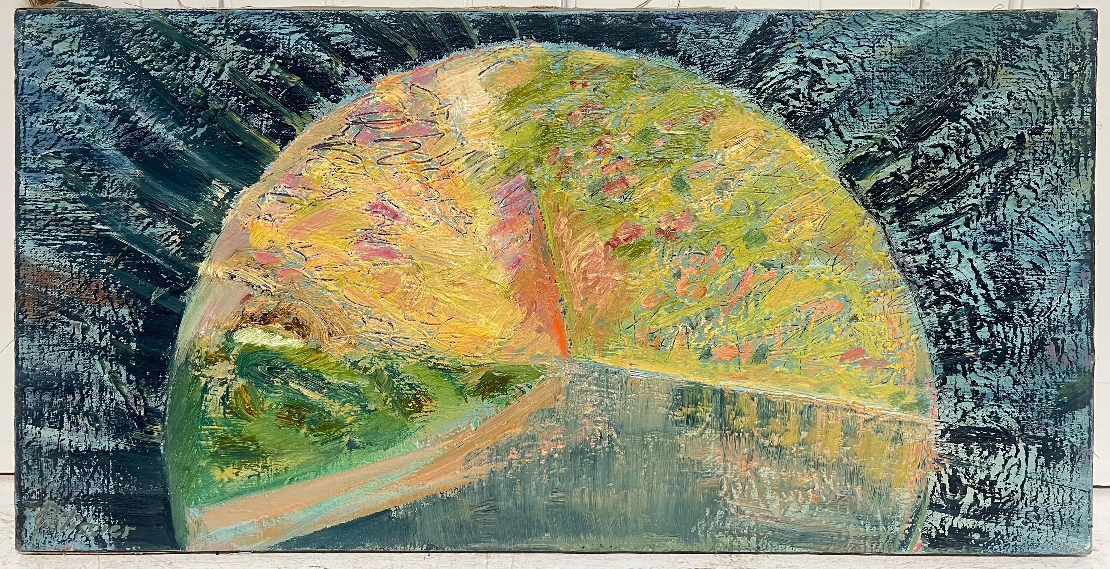 Gelber halbkreisförmiger Lichtkreis in der Dunkelheit Abstraktes französisches Gemälde des 20. Jahrhunderts – Painting von Gilbert Pelissier