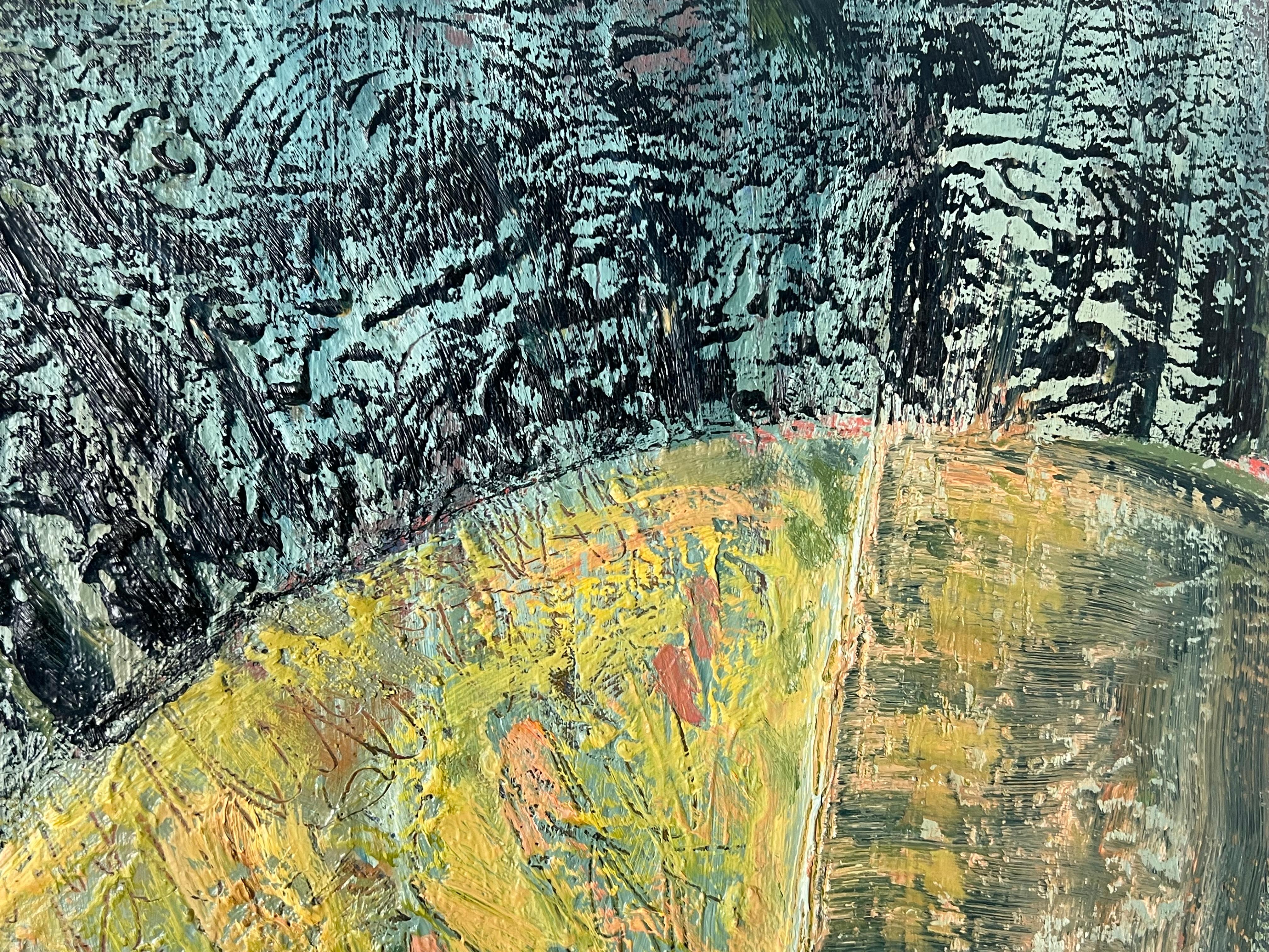 Gelber halbkreisförmiger Lichtkreis in der Dunkelheit Abstraktes französisches Gemälde des 20. Jahrhunderts (Abstrakter Expressionismus), Painting, von Gilbert Pelissier