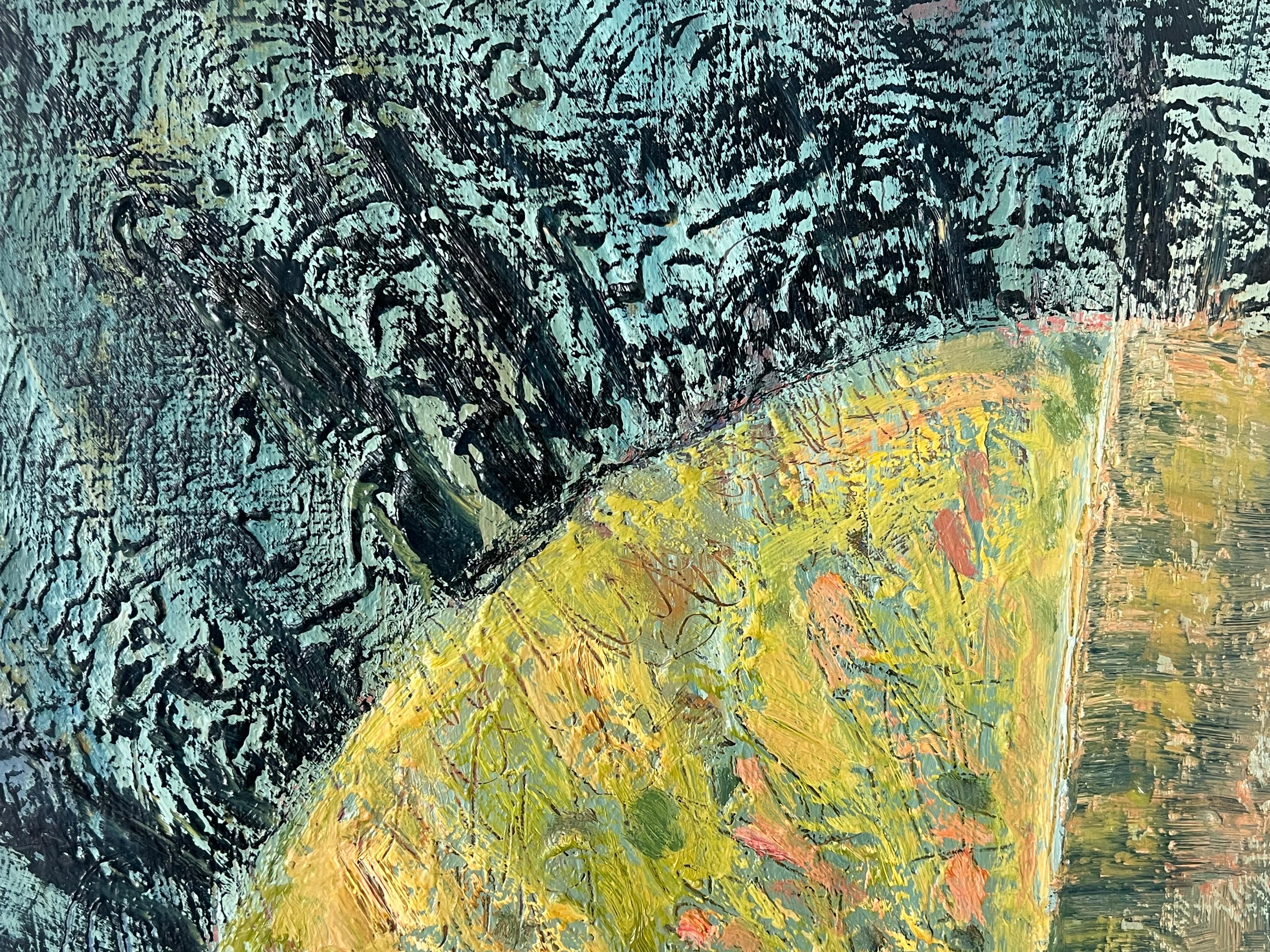 Gelber halbkreisförmiger Lichtkreis in der Dunkelheit Abstraktes französisches Gemälde des 20. Jahrhunderts (Grau), Abstract Painting, von Gilbert Pelissier