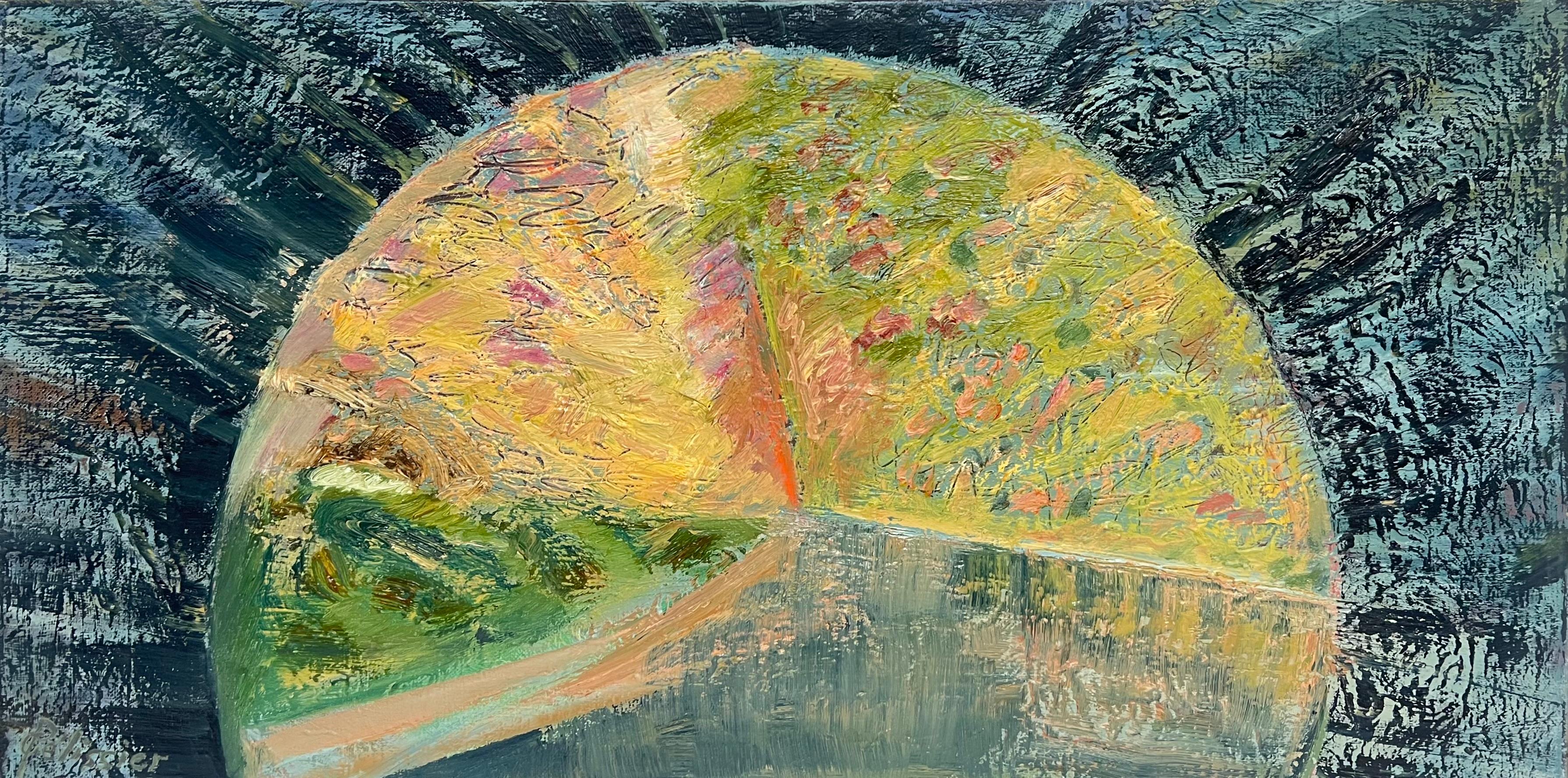 Gilbert Pelissier Abstract Painting – Gelber halbkreisförmiger Lichtkreis in der Dunkelheit Abstraktes französisches Gemälde des 20. Jahrhunderts