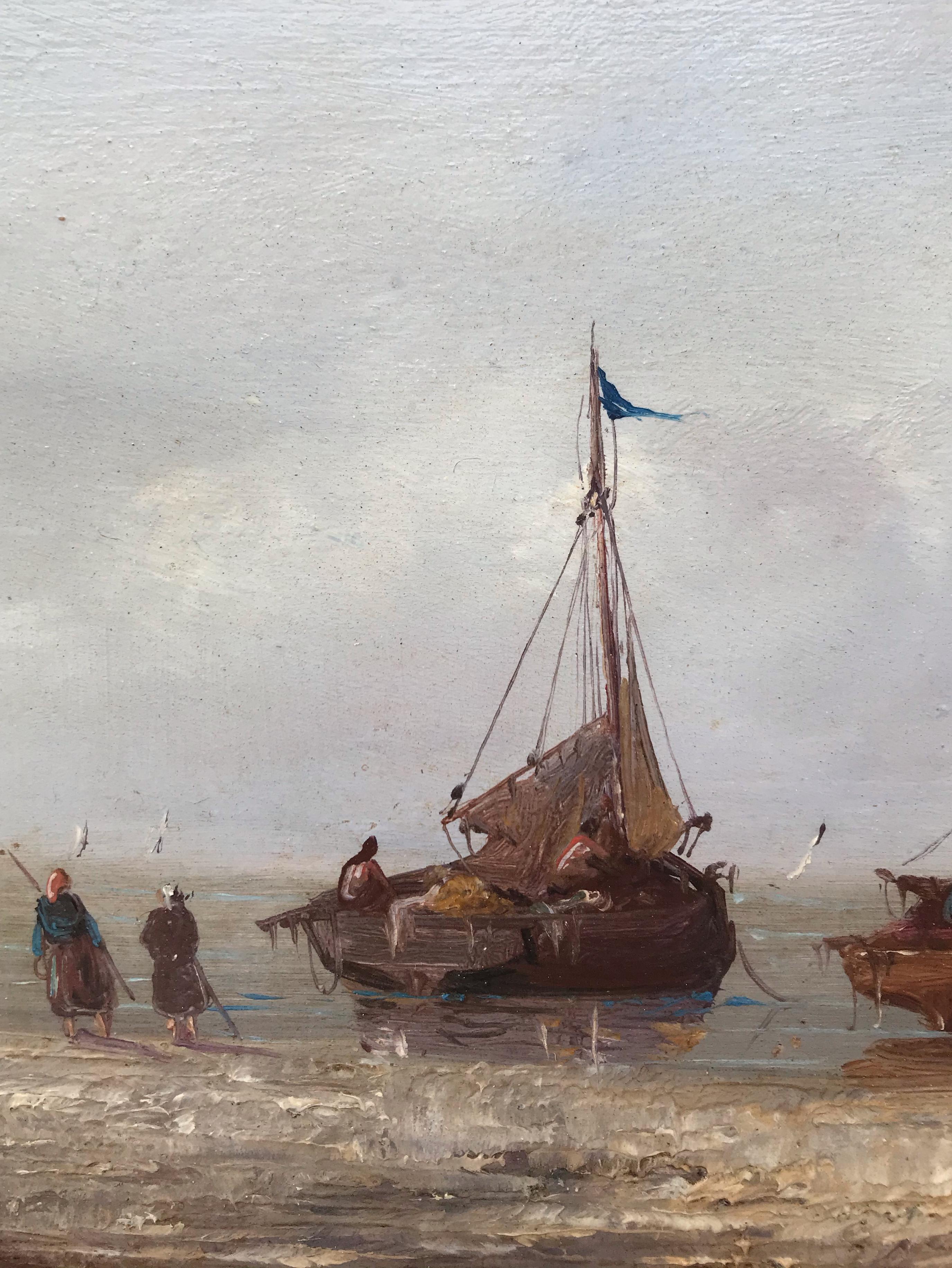 Marines - Boats are Leaving for Fishing in Brittany - Beige Landscape Painting by GILBERT Pierre Julien