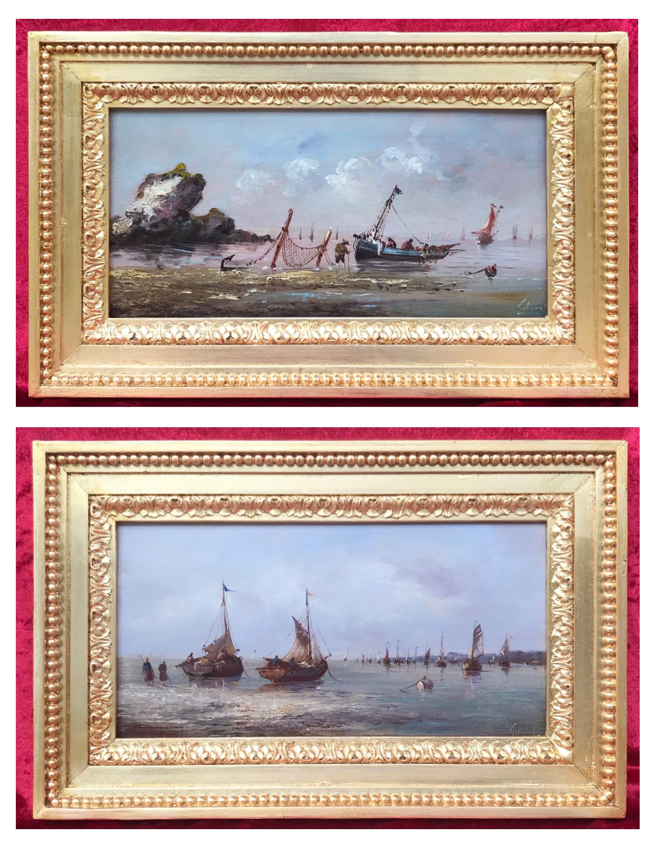 Landscape Painting GILBERT Pierre Julien - Marines - Les bateaux sont en cuir pour la pêche en Bretagne