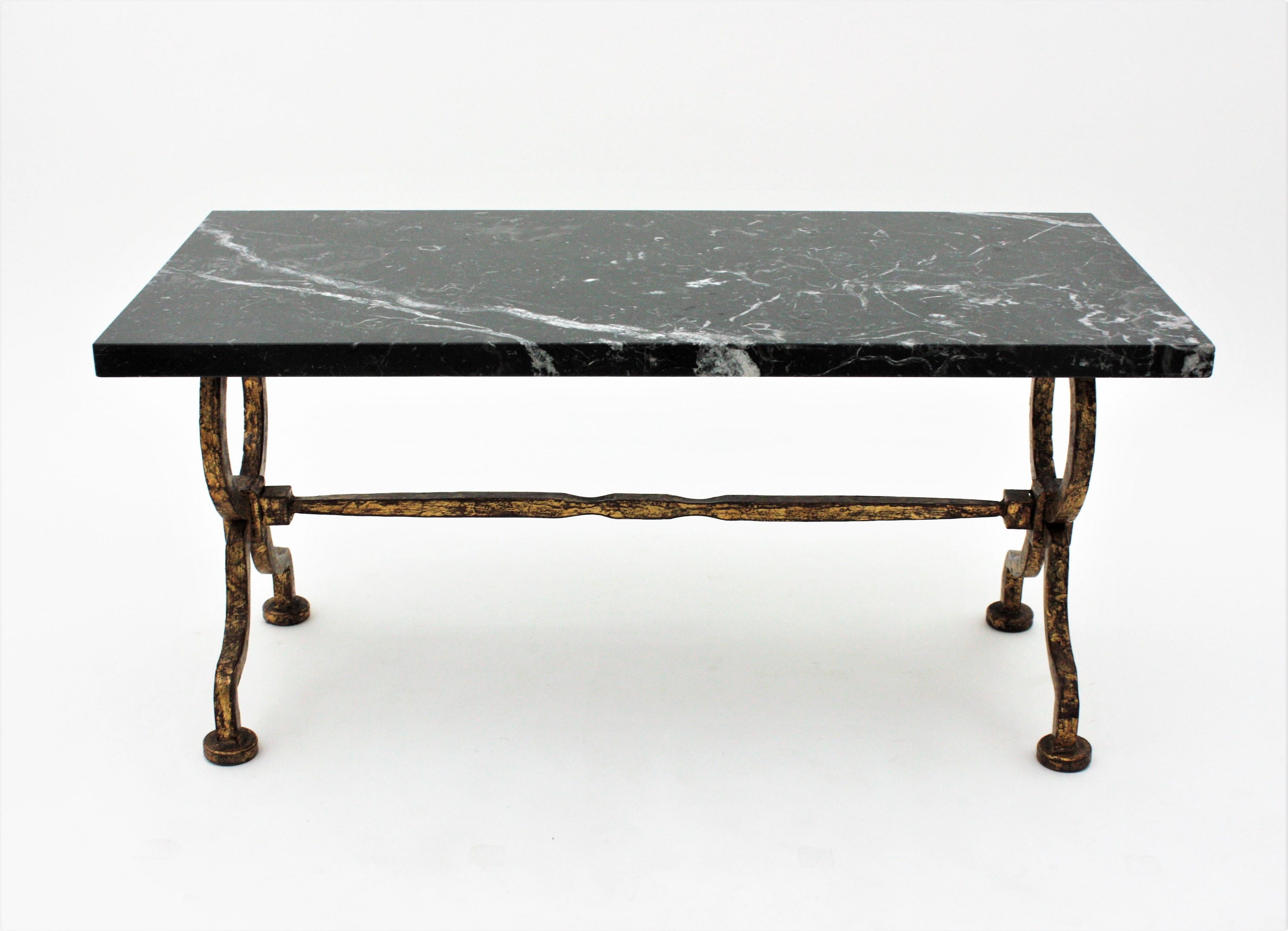 Gilbert Poillerat Coffee Table in Gilt Iron with Black Marble Top 2