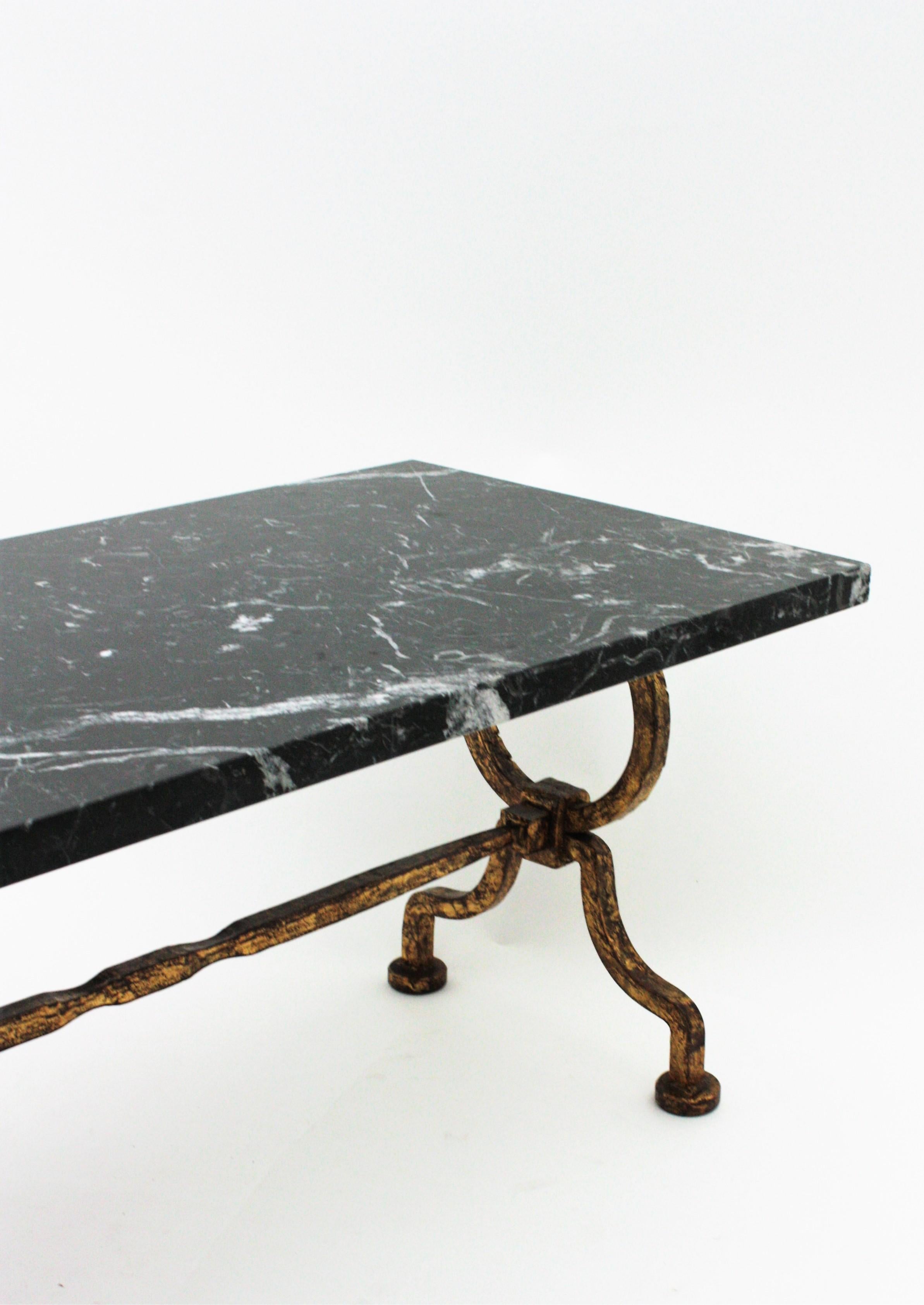 Gilbert Poillerat Coffee Table in Gilt Iron with Black Marble Top 3