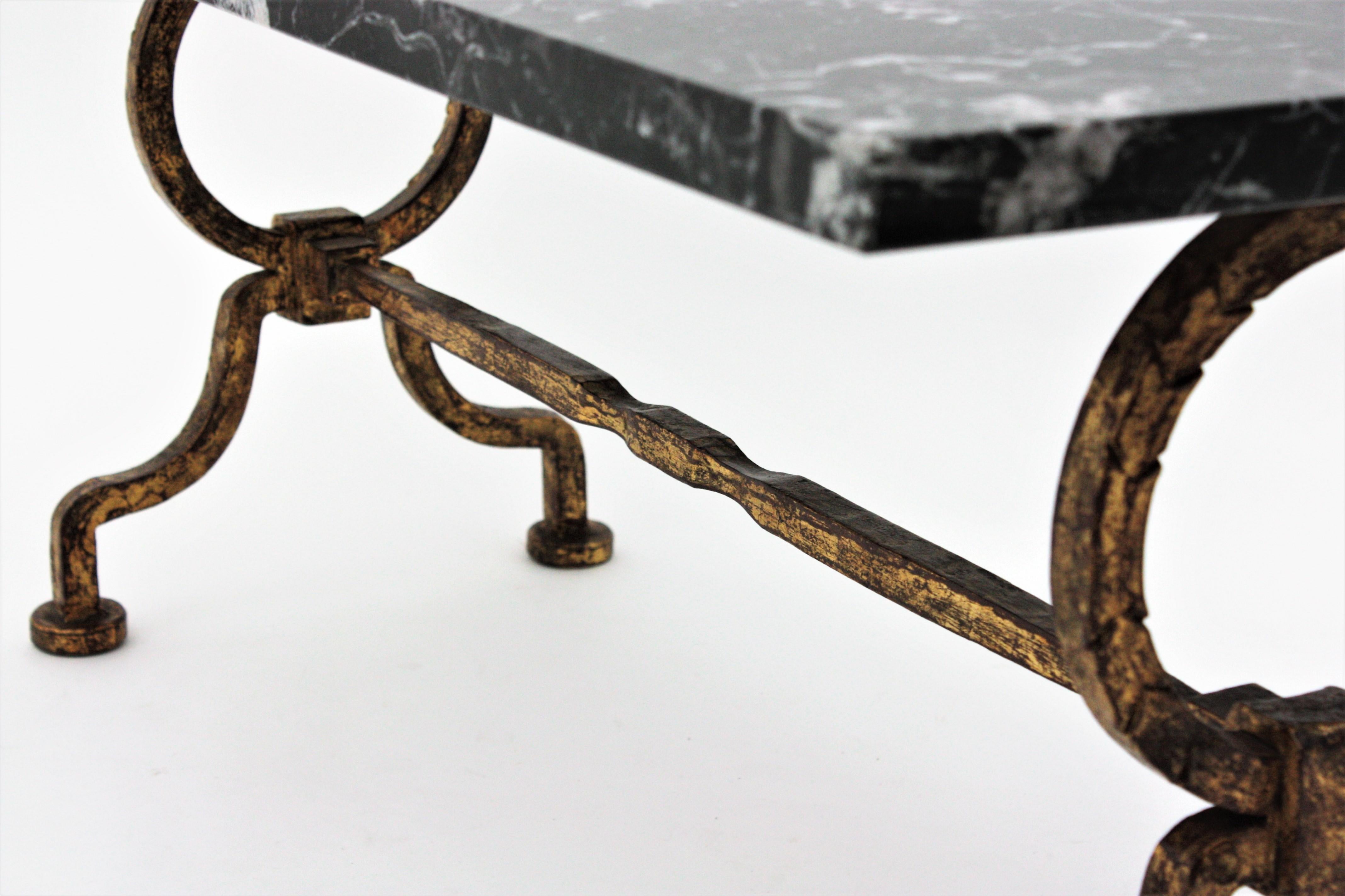 Gilbert Poillerat Coffee Table in Gilt Iron with Black Marble Top 4