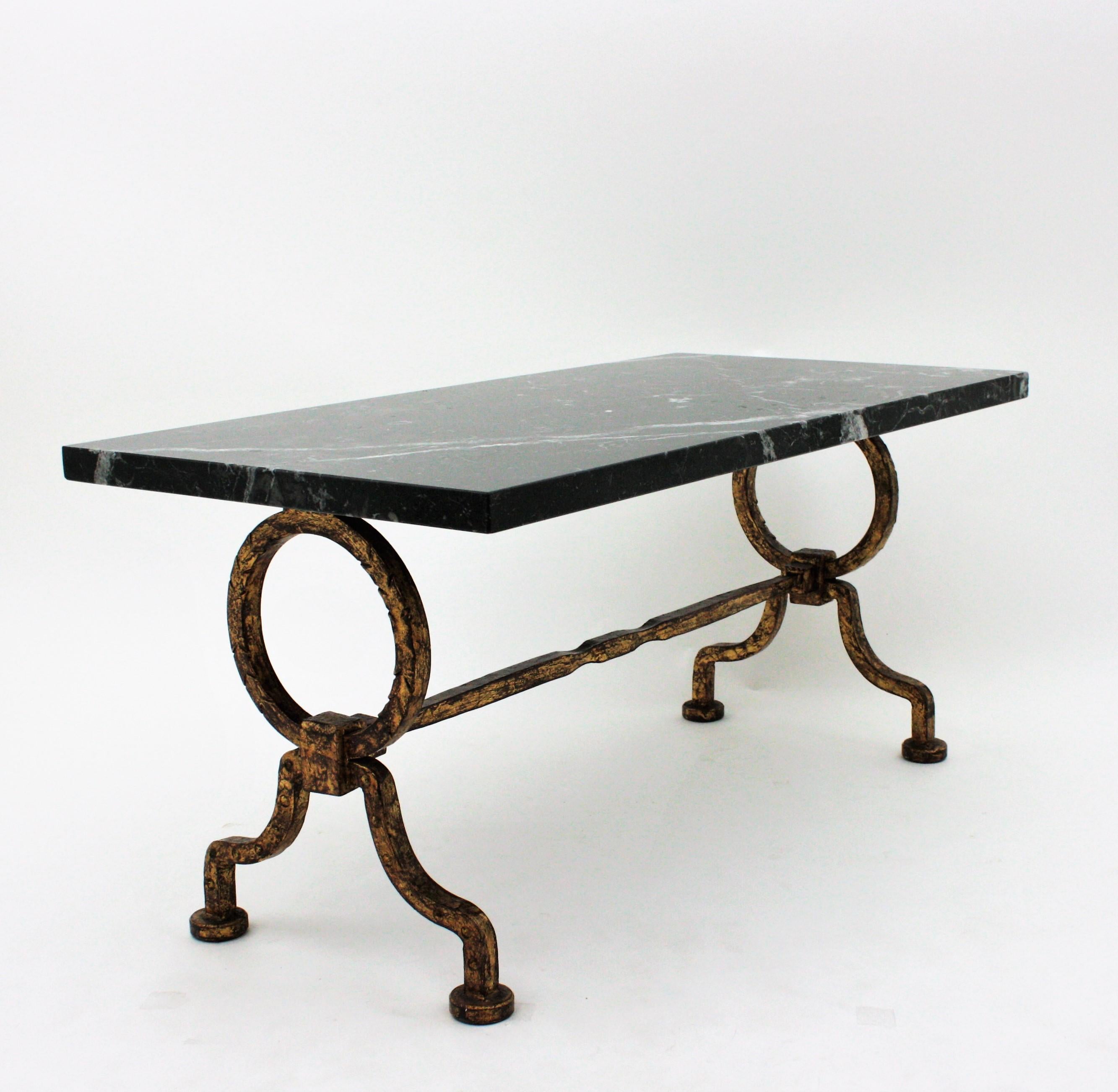 Gilbert Poillerat Coffee Table in Gilt Iron with Black Marble Top 5