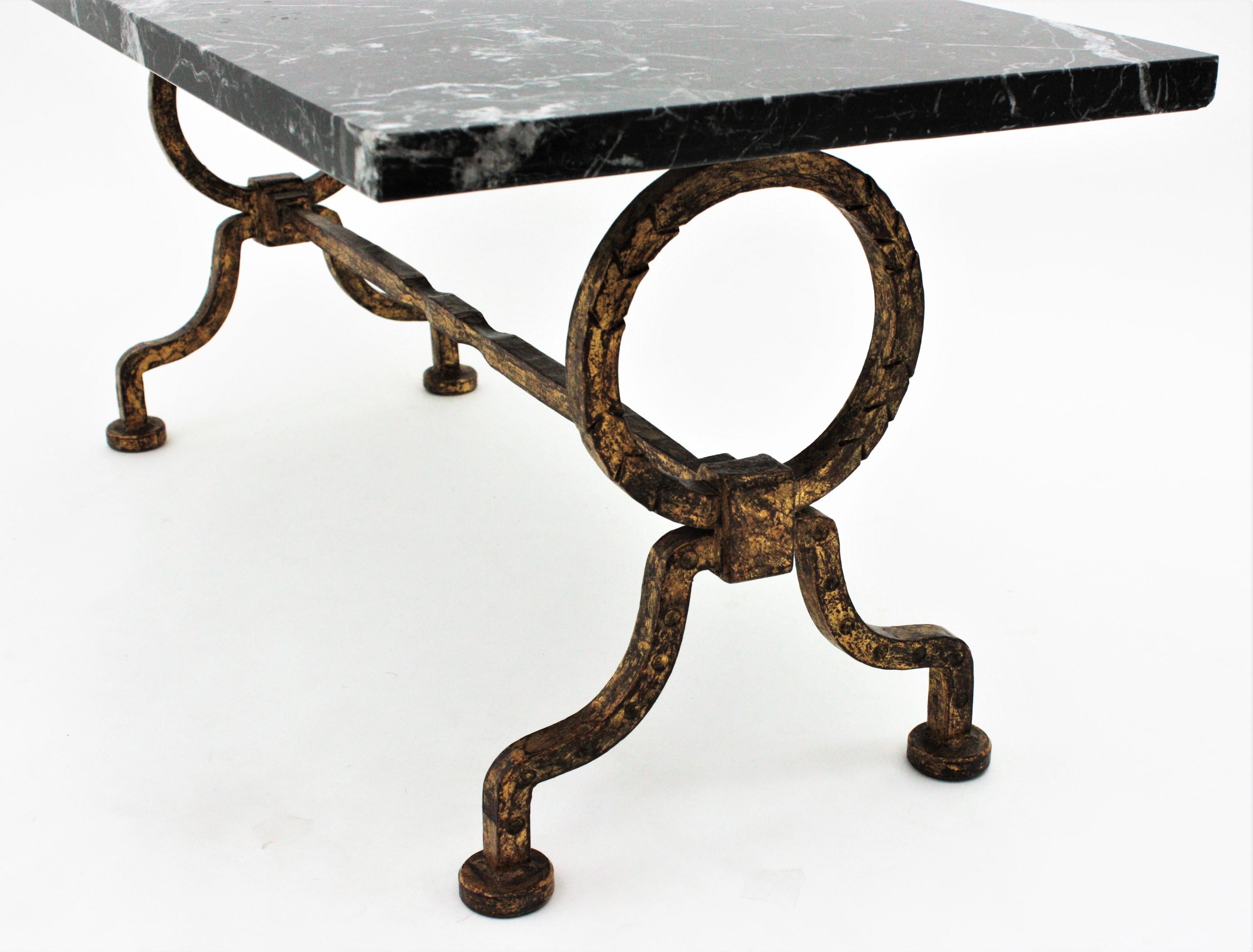 Gilbert Poillerat Coffee Table in Gilt Iron with Black Marble Top 6