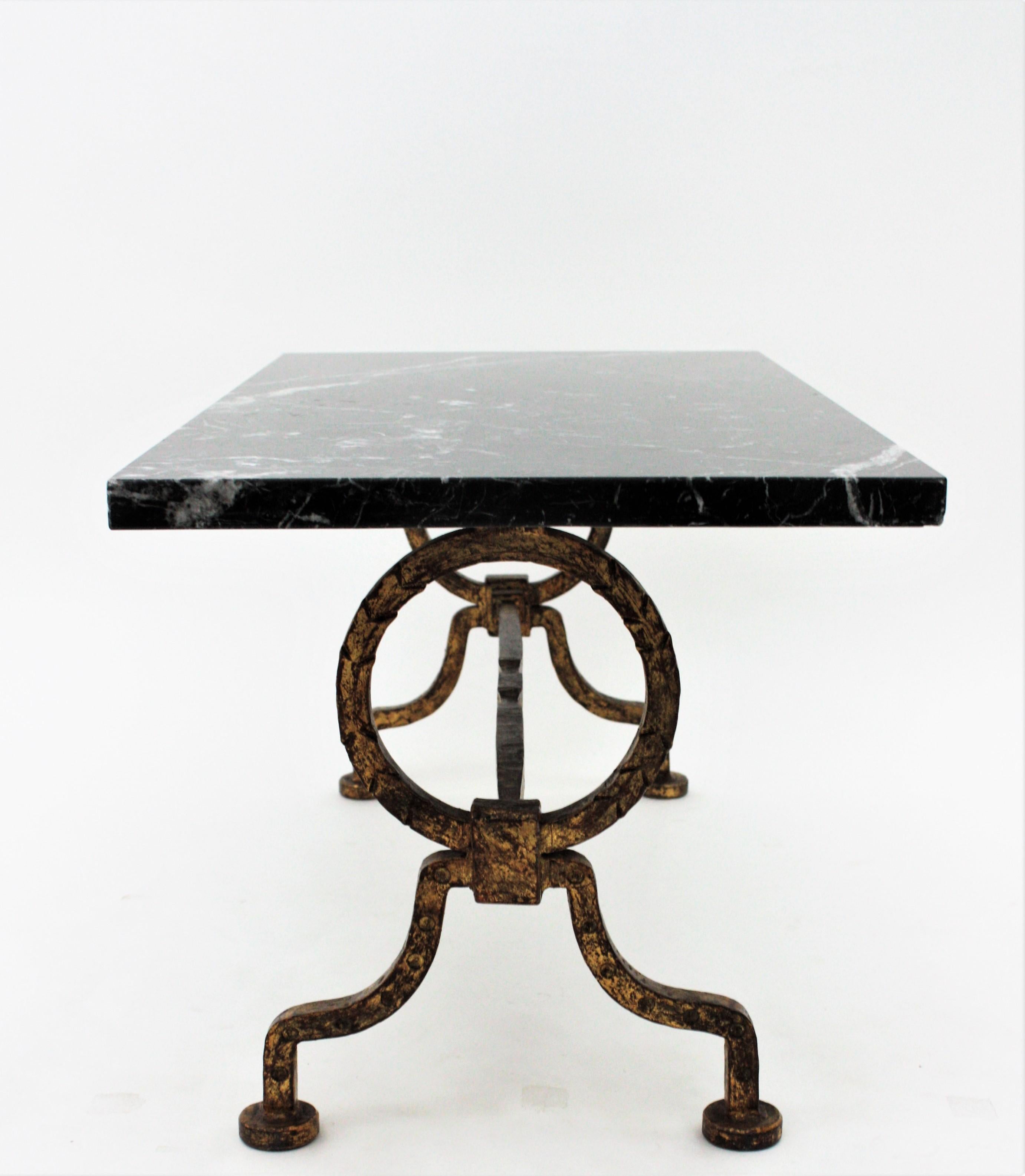 Gilbert Poillerat Coffee Table in Gilt Iron with Black Marble Top 7