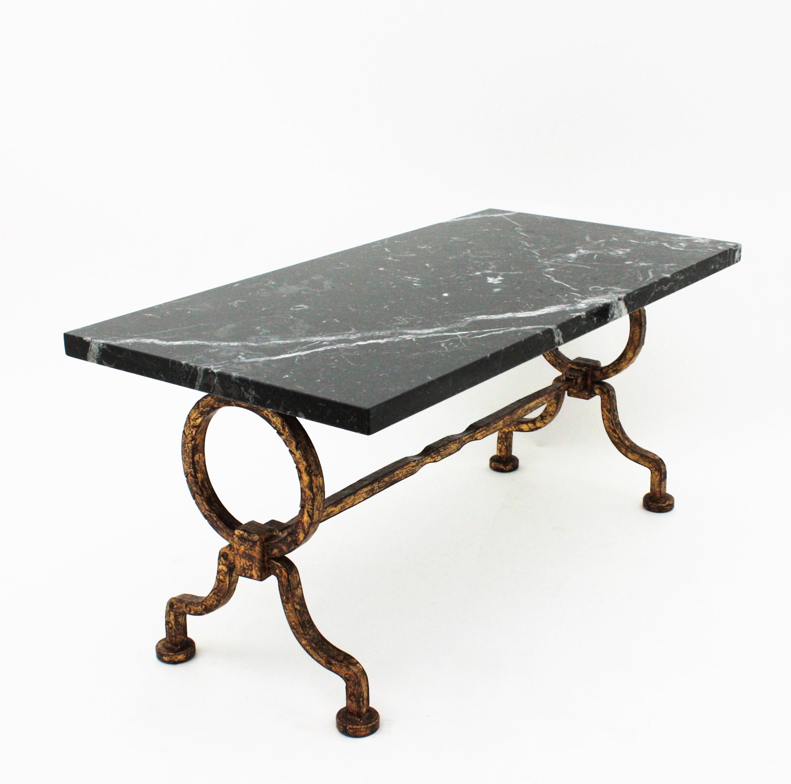 Art Deco Gilbert Poillerat Coffee Table in Gilt Iron with Black Marble Top