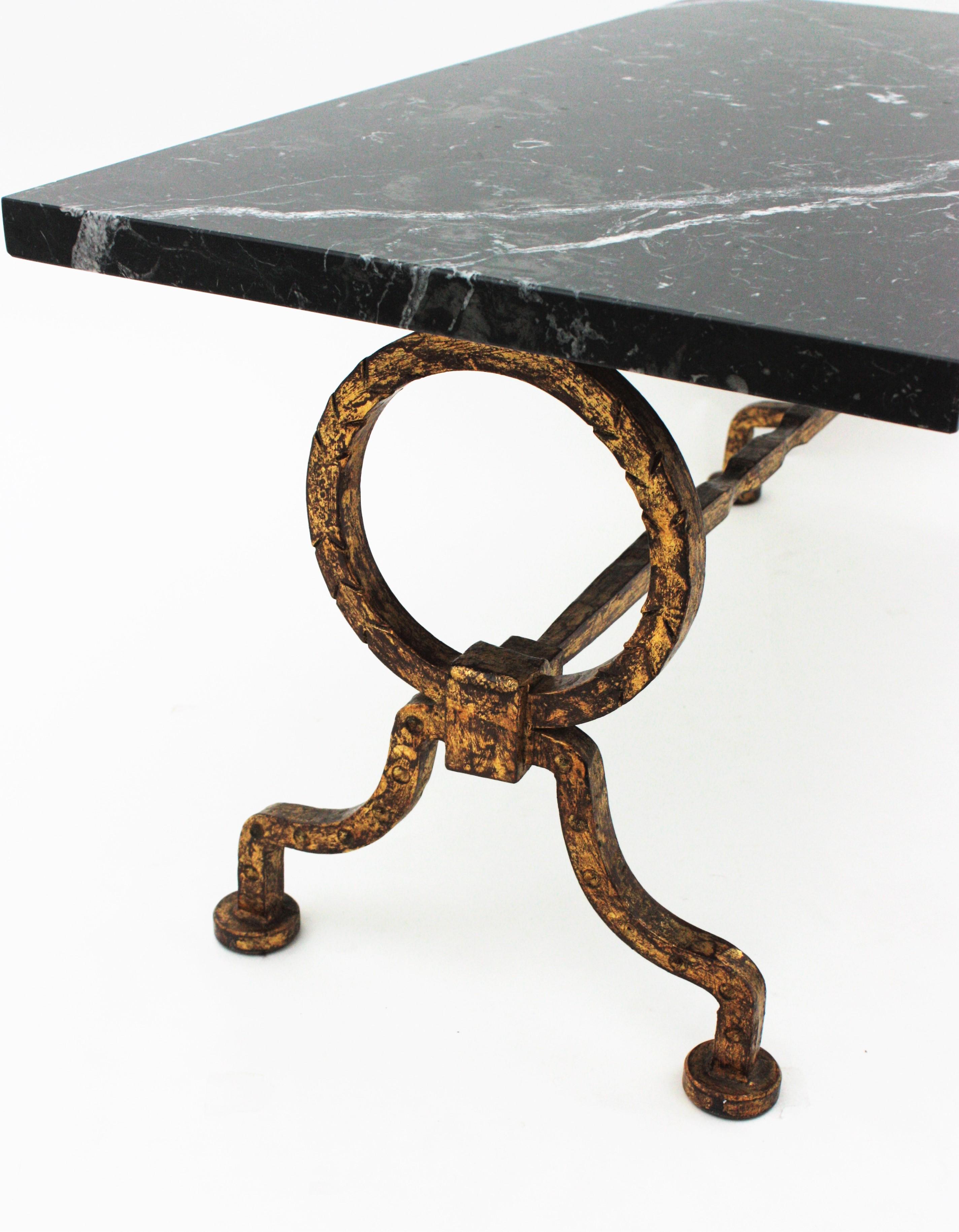 French Gilbert Poillerat Coffee Table in Gilt Iron with Black Marble Top