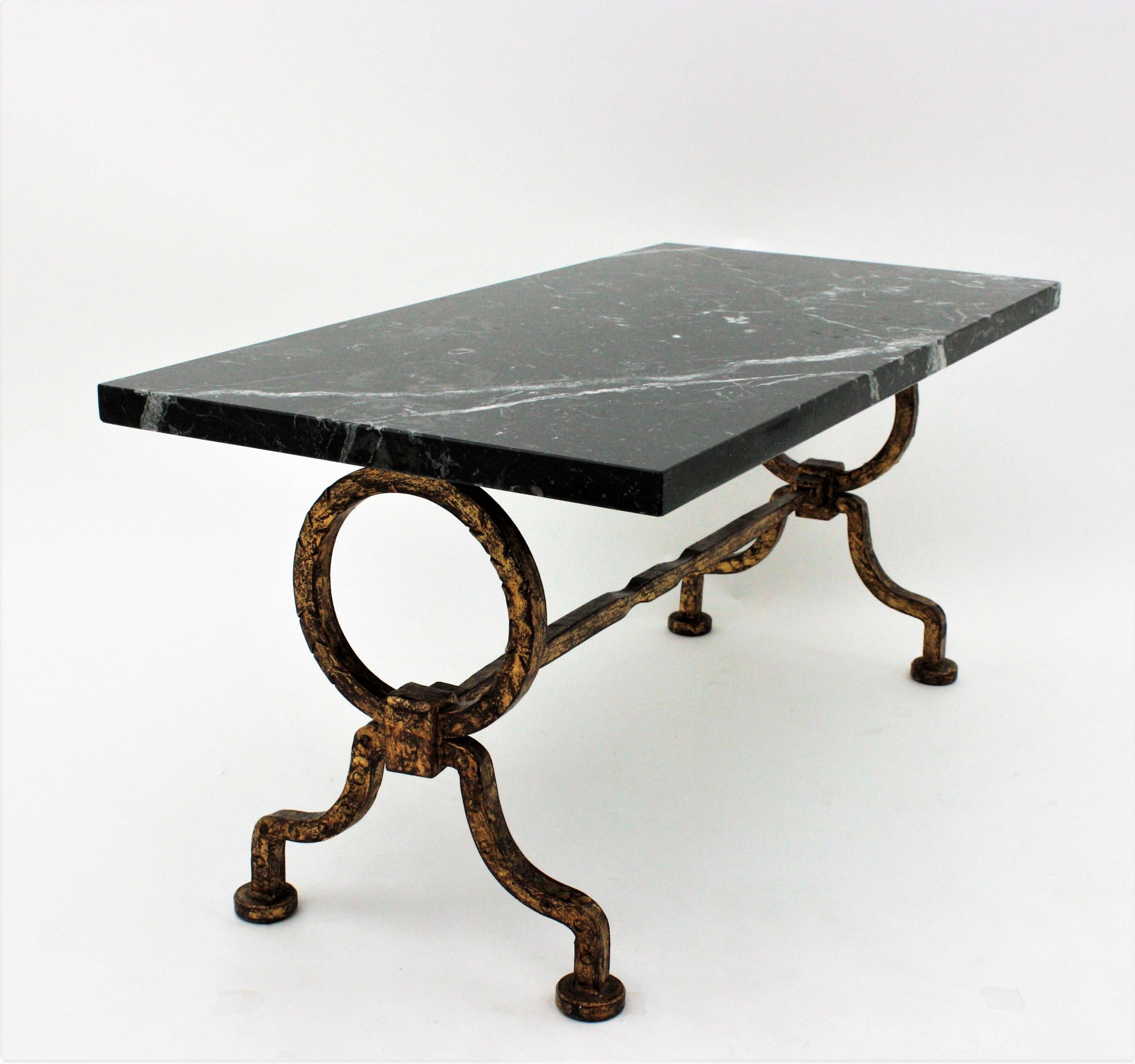 Gilbert Poillerat Coffee Table in Gilt Iron with Black Marble Top In Good Condition In Barcelona, ES