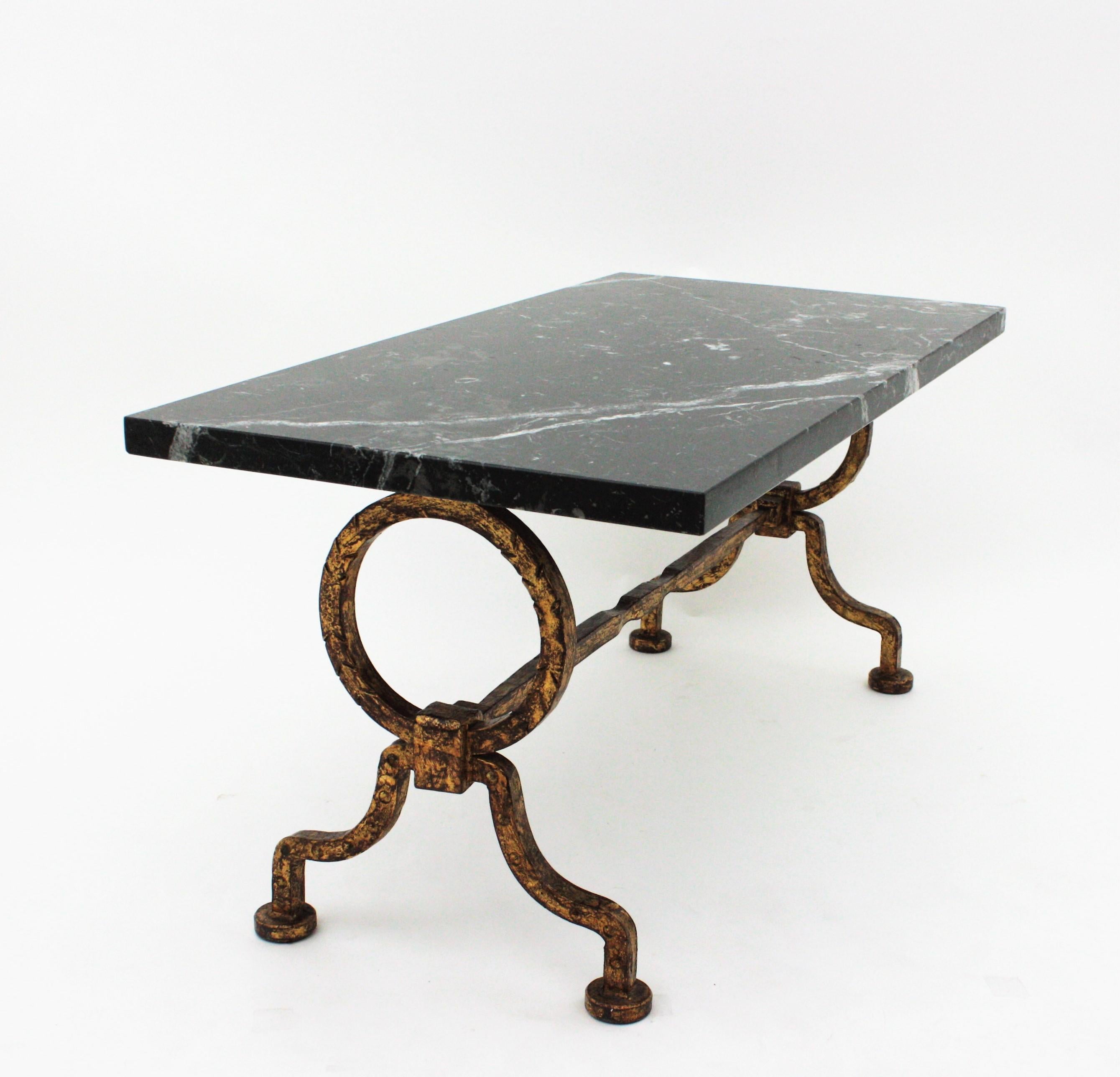 20th Century Gilbert Poillerat Coffee Table in Gilt Iron with Black Marble Top