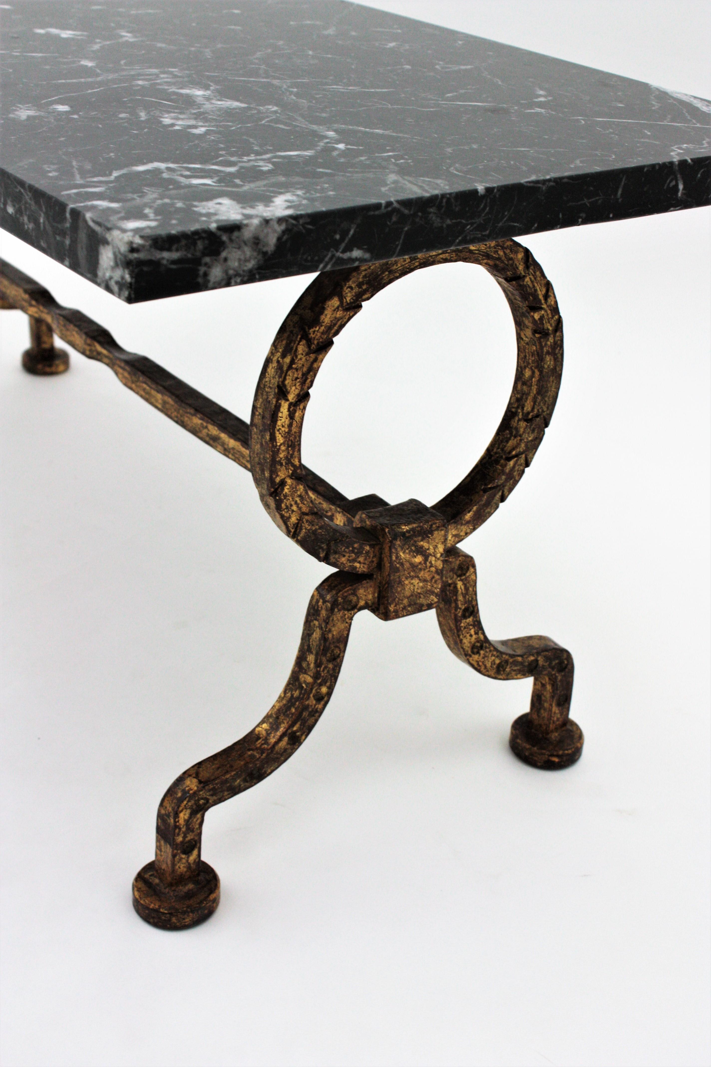 Gilbert Poillerat Coffee Table in Gilt Iron with Black Marble Top 1