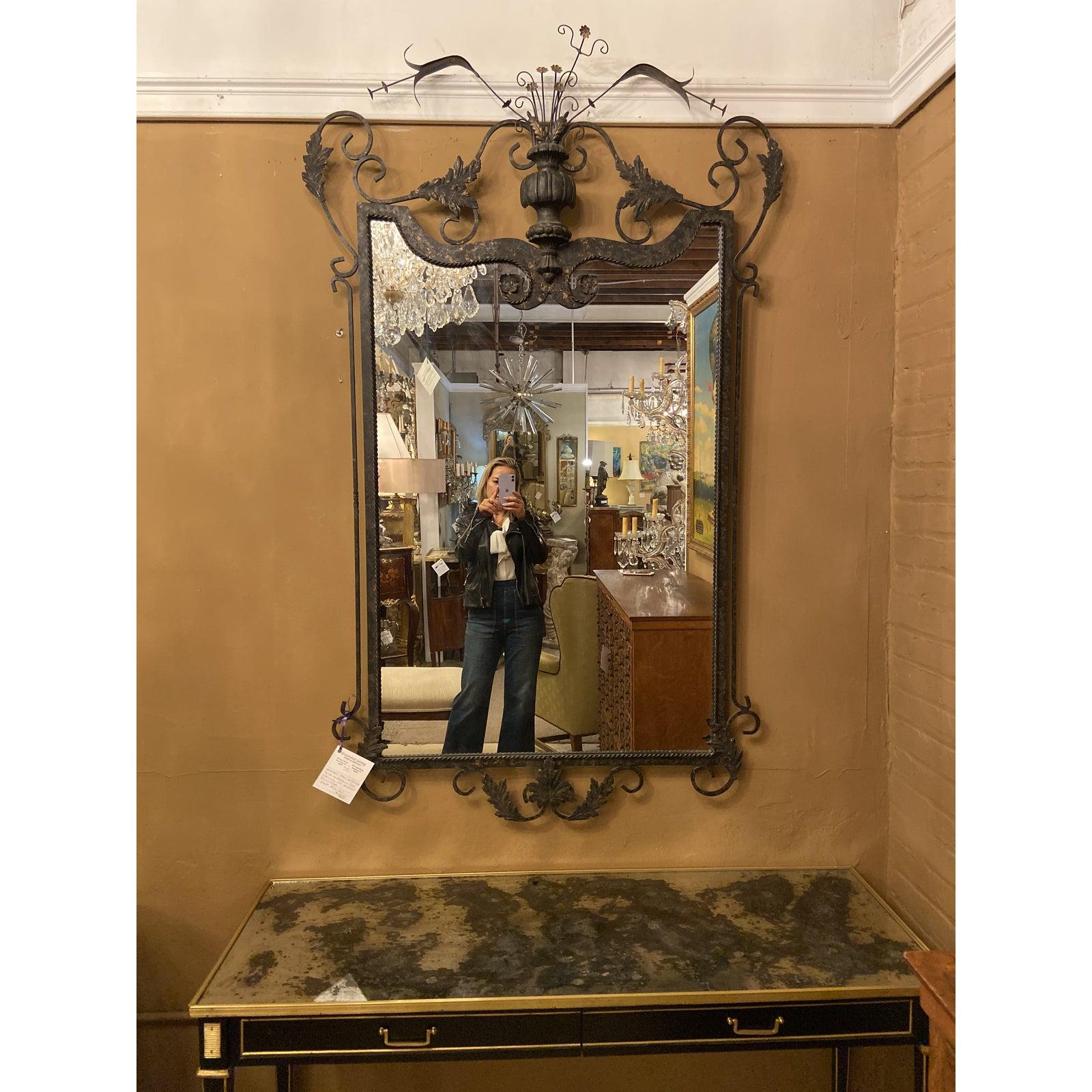  Wall or Console Mirror Neptune Design in Gilbert Poillerat Style Wrought Iron 4