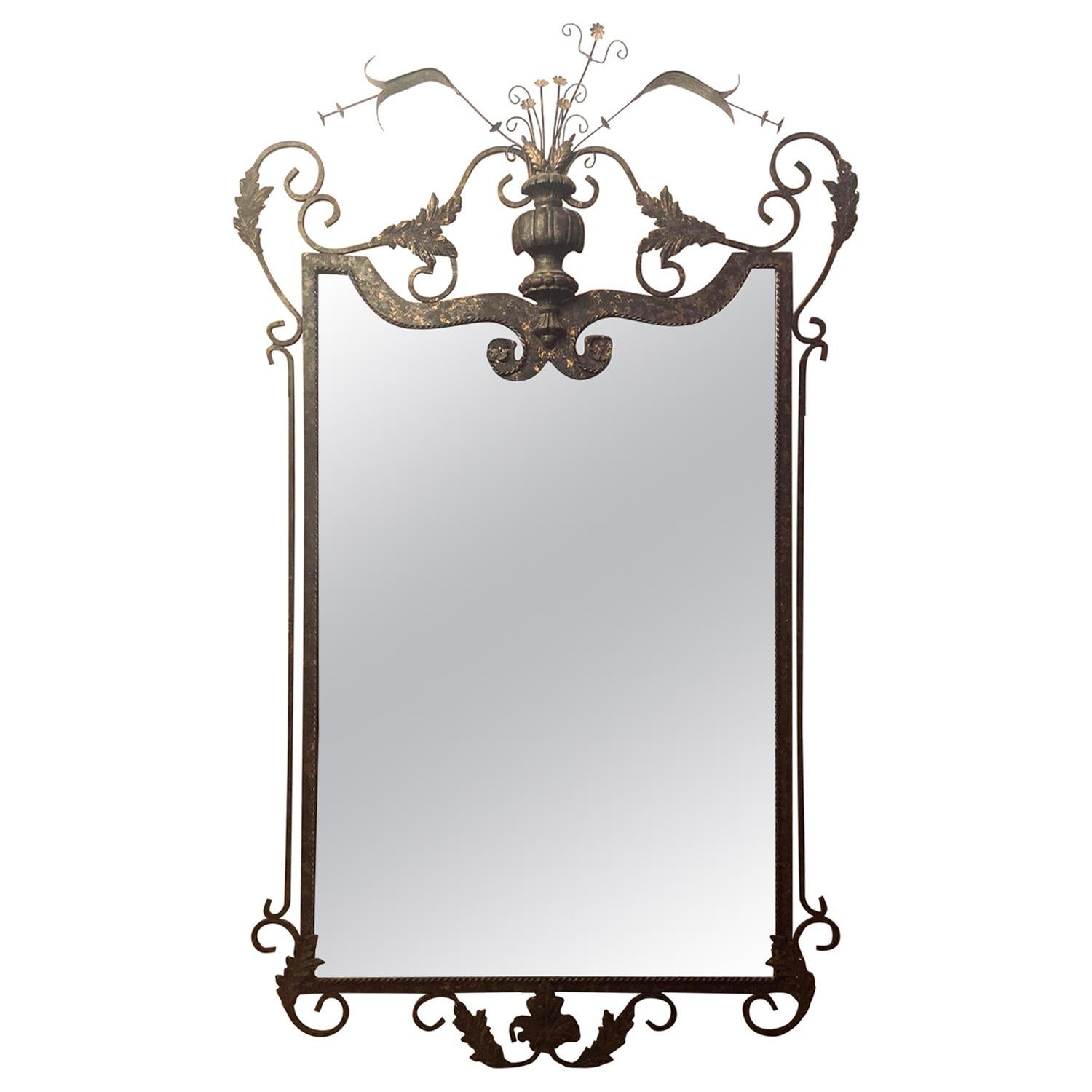  Wall or Console Mirror Neptune Design in Gilbert Poillerat Style Wrought Iron