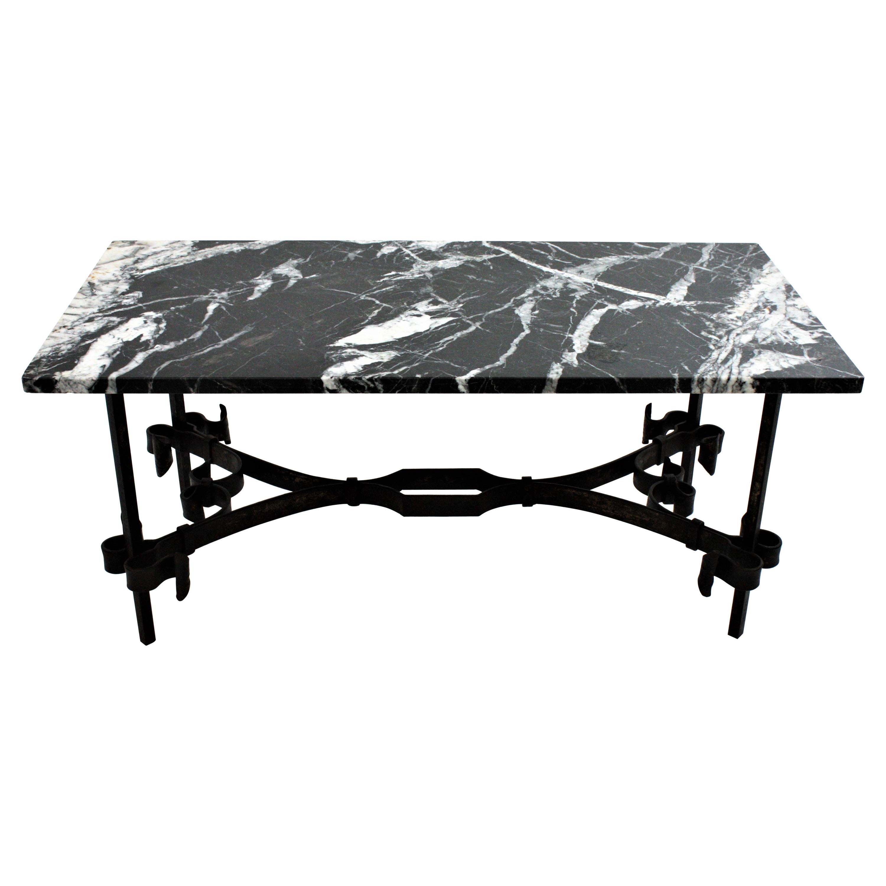 American 1970s Wrought Iron Coffee Table with Marble Top For Sale at