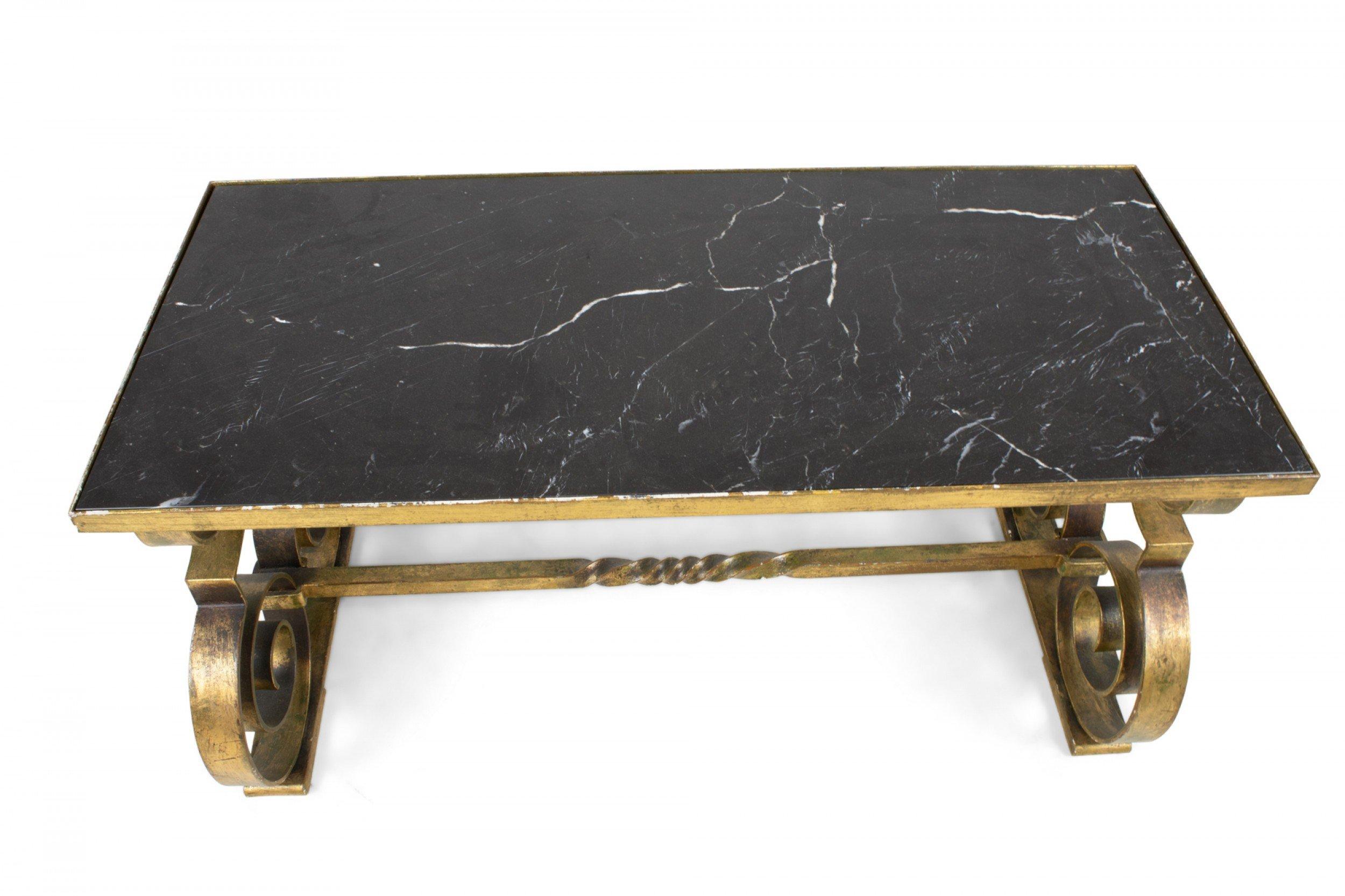 Gilbert Poillerat Style French Art Deco Gilt Metal and Black Marble Scroll Coffe For Sale 1