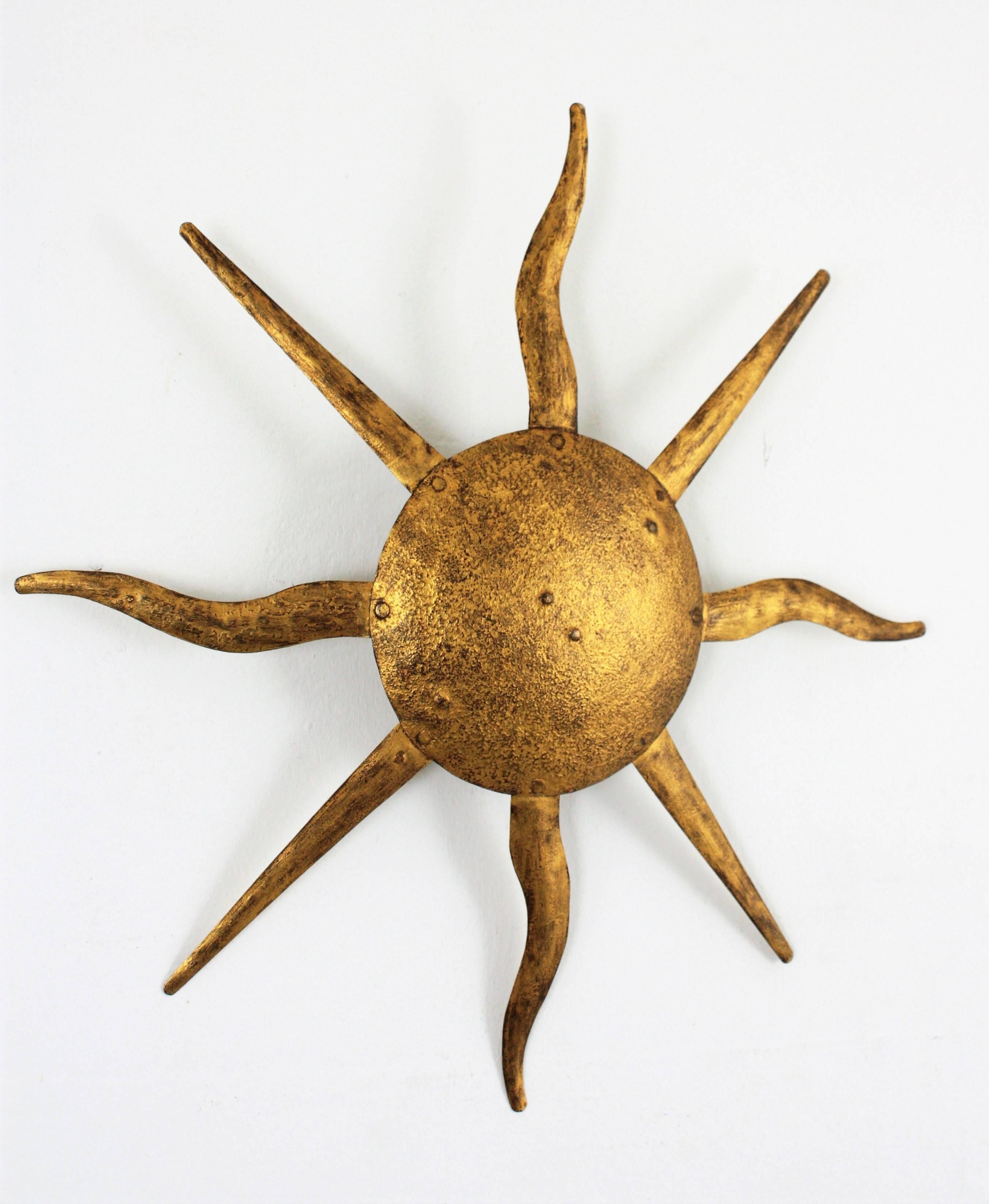 French Gilbert Poillerat Style Gilt Iron Sunburst Ceiling Light Fixture or Wall Light