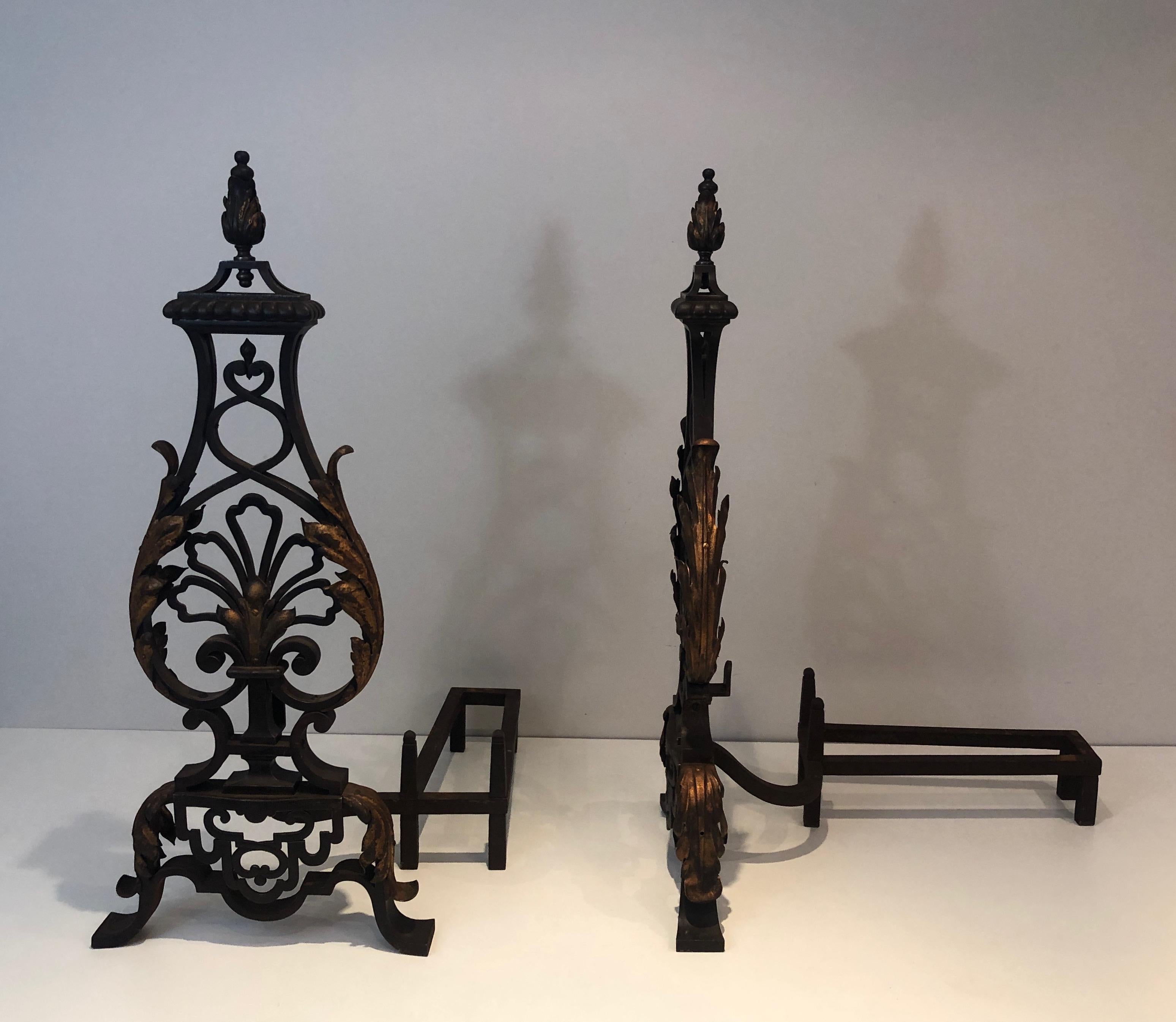 Gilbert Poillerat Style, Important Pair of Wrought Iron and Gilt Iron Andirons For Sale 4