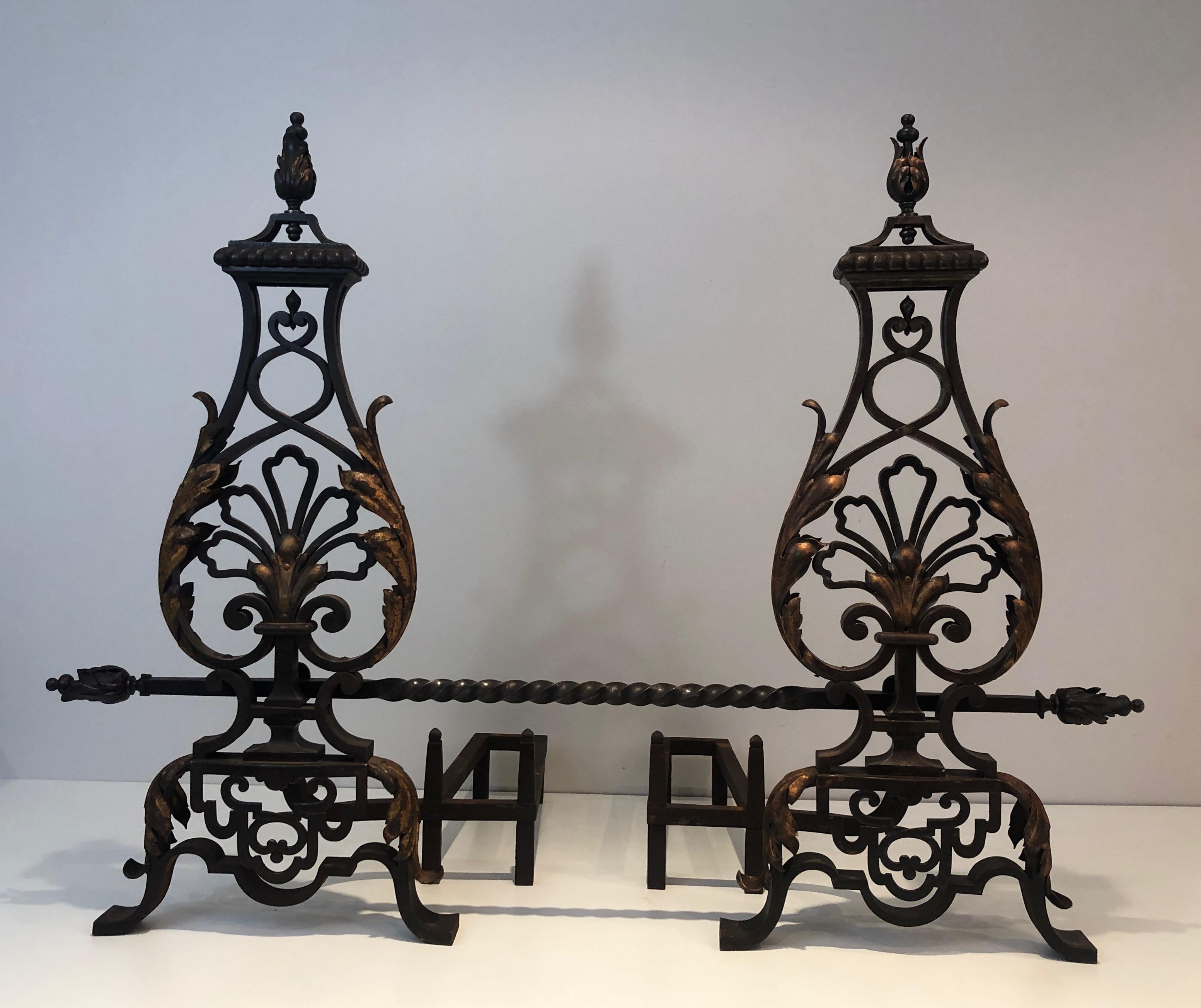 Gilbert Poillerat Style, Important Pair of Wrought Iron and Gilt Iron Andirons For Sale 5