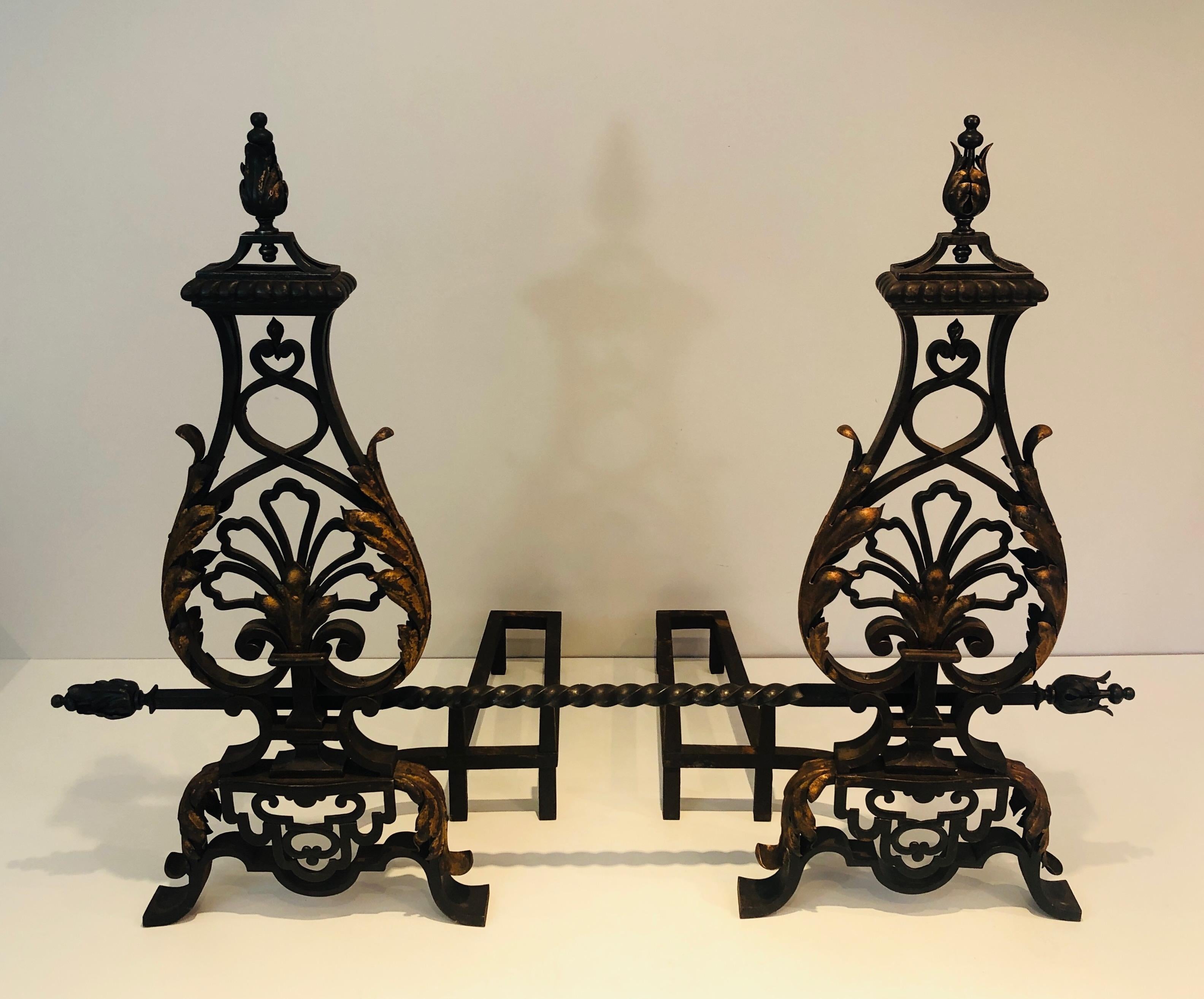 Mid-Century Modern Gilbert Poillerat Style, Important Pair of Wrought Iron and Gilt Iron Andirons For Sale