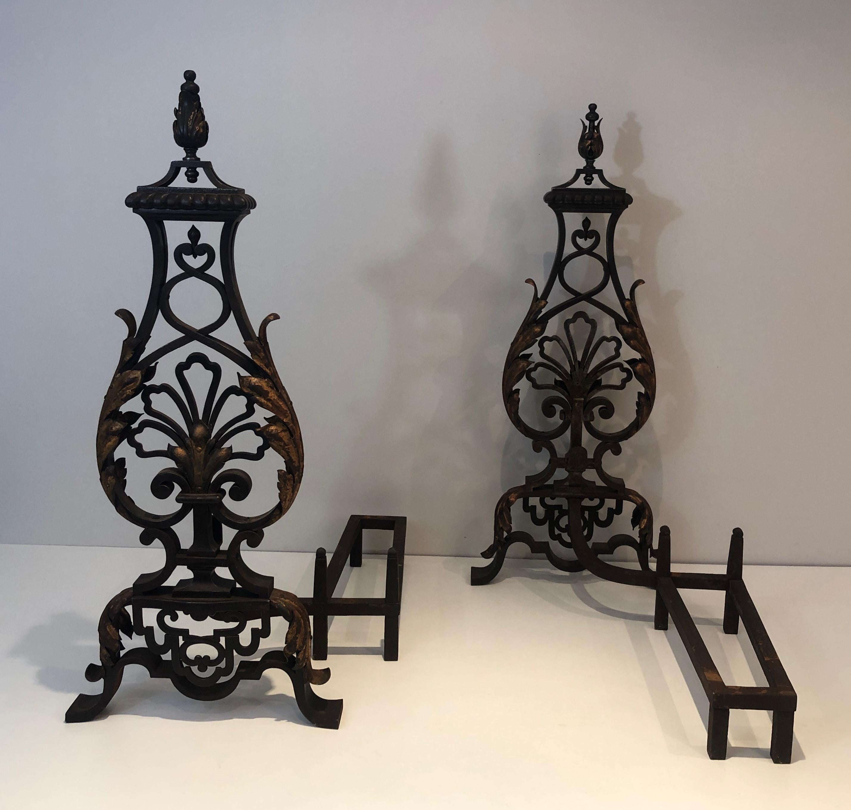 French Gilbert Poillerat Style, Important Pair of Wrought Iron and Gilt Iron Andirons For Sale