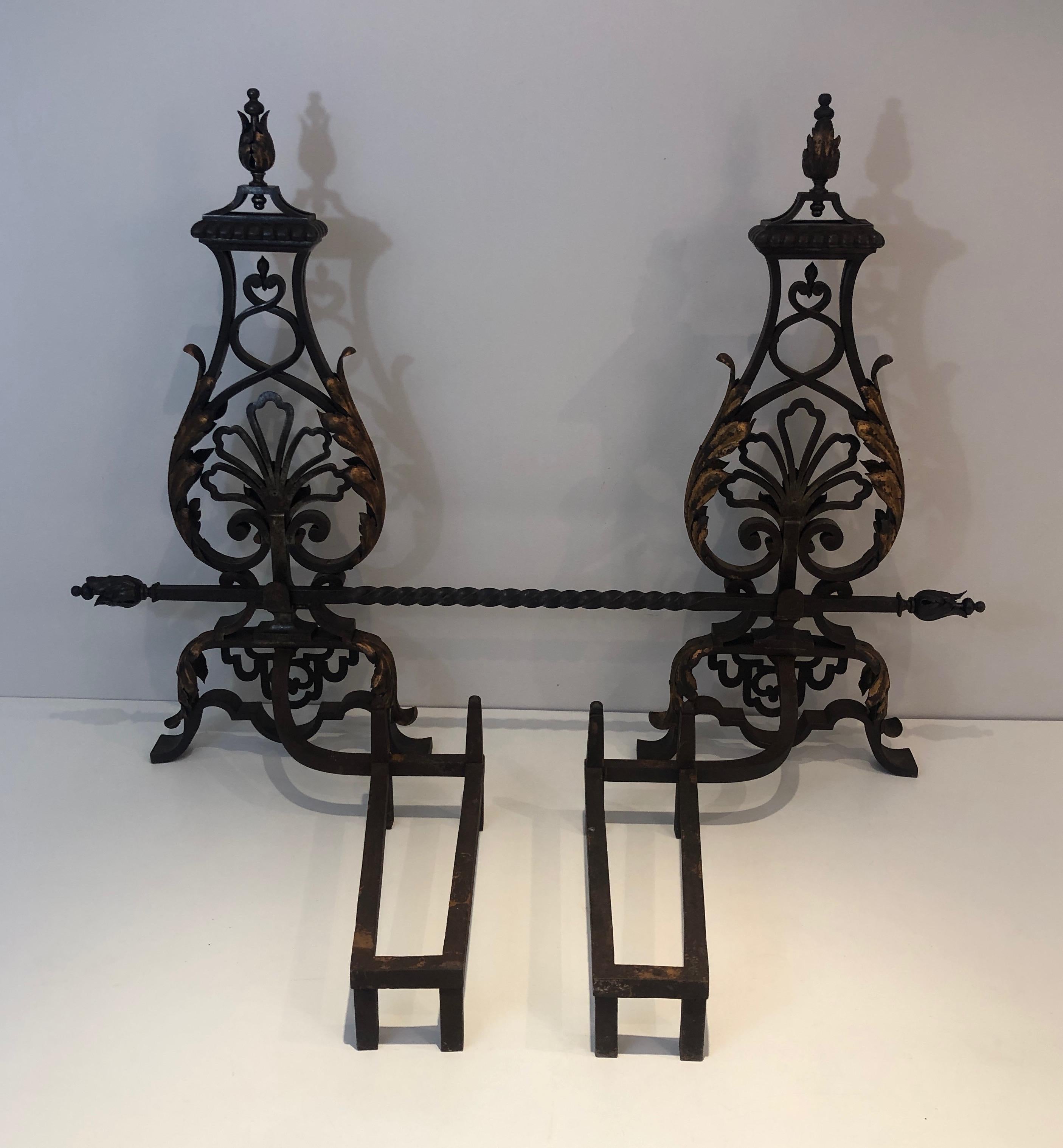 Gilbert Poillerat Style, Important Pair of Wrought Iron and Gilt Iron Andirons In Good Condition For Sale In Marcq-en-Barœul, Hauts-de-France