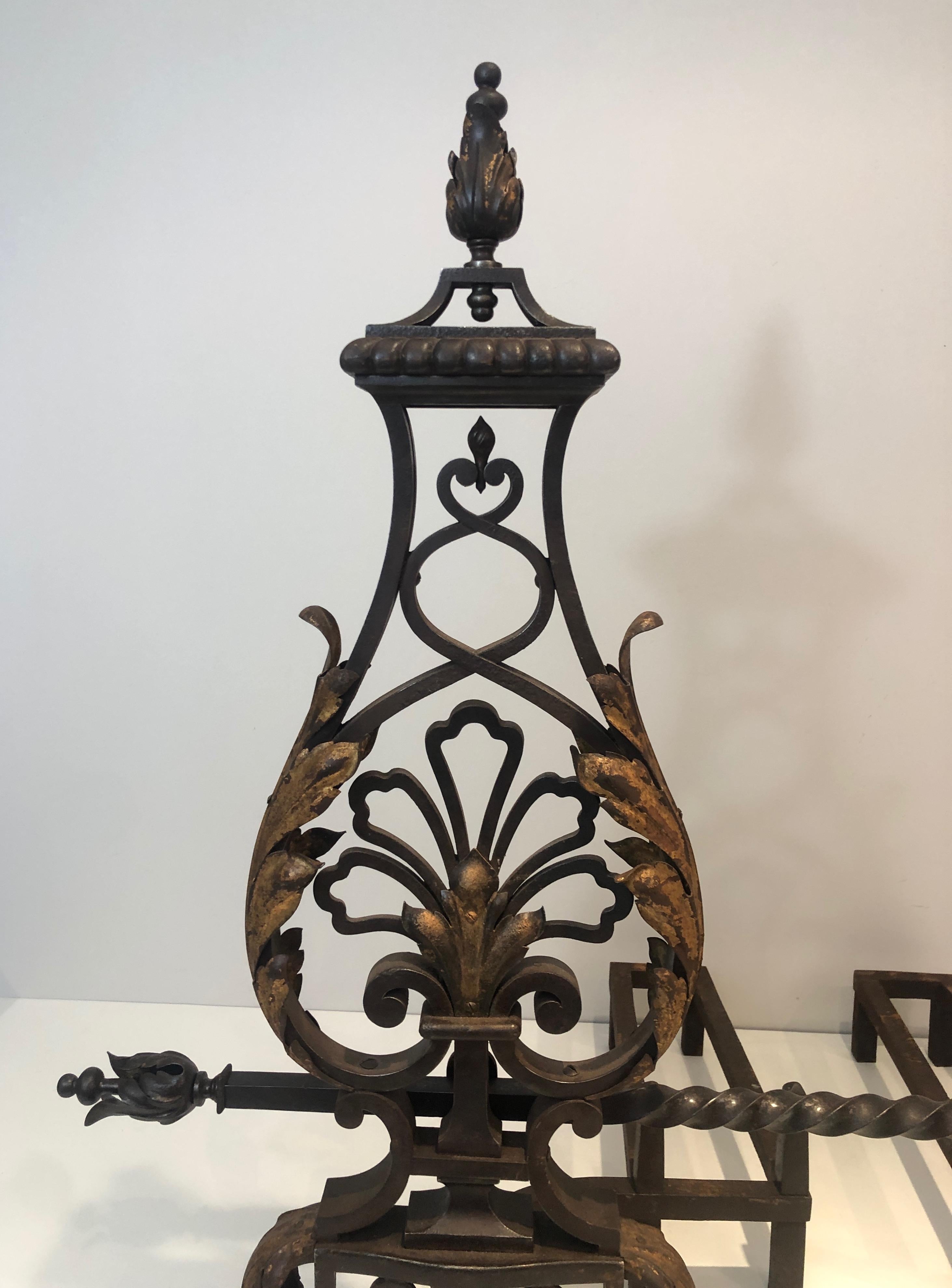 Gilbert Poillerat Style, Important Pair of Wrought Iron and Gilt Iron Andirons For Sale 1
