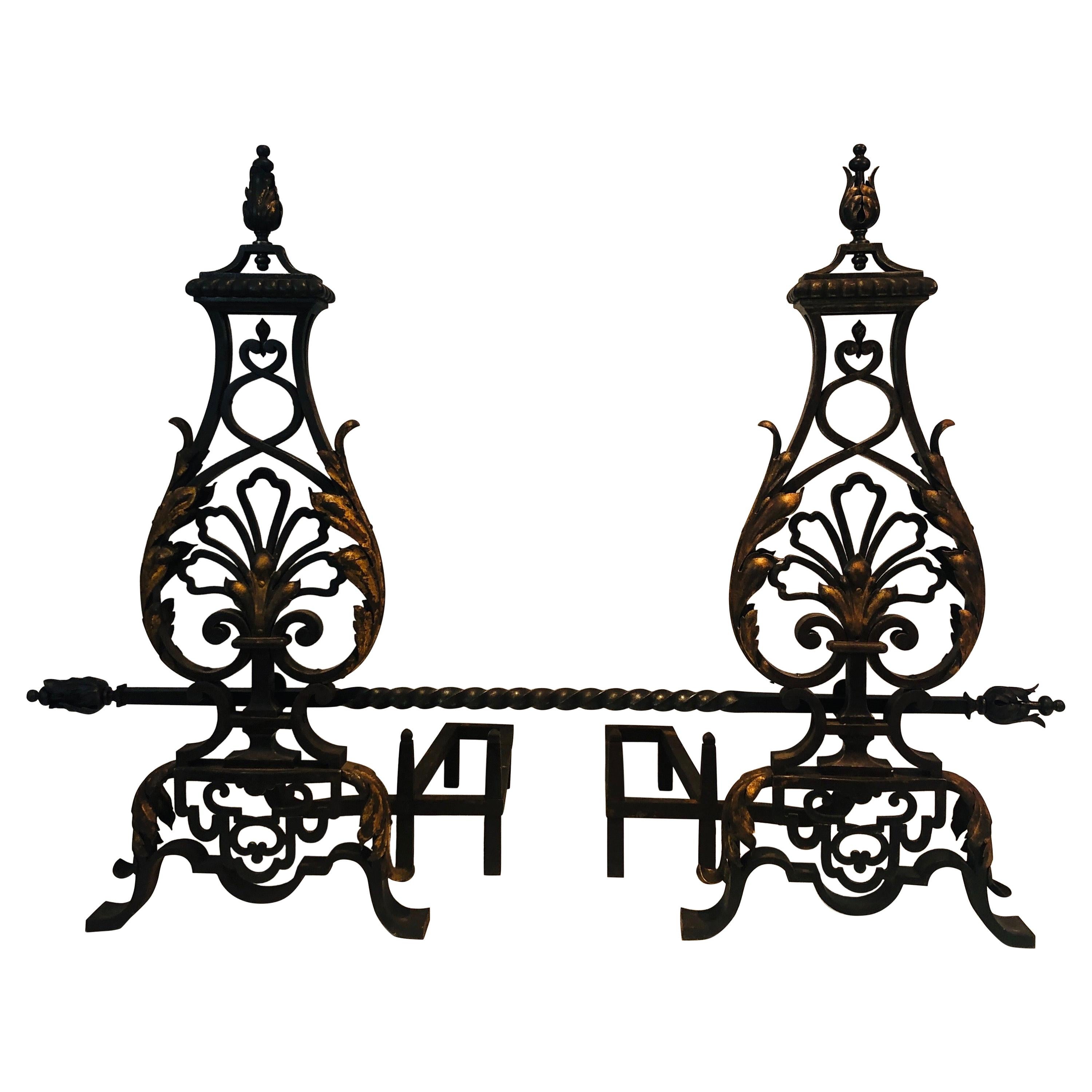 Gilbert Poillerat Style, Important Pair of Wrought Iron and Gilt Iron Andirons