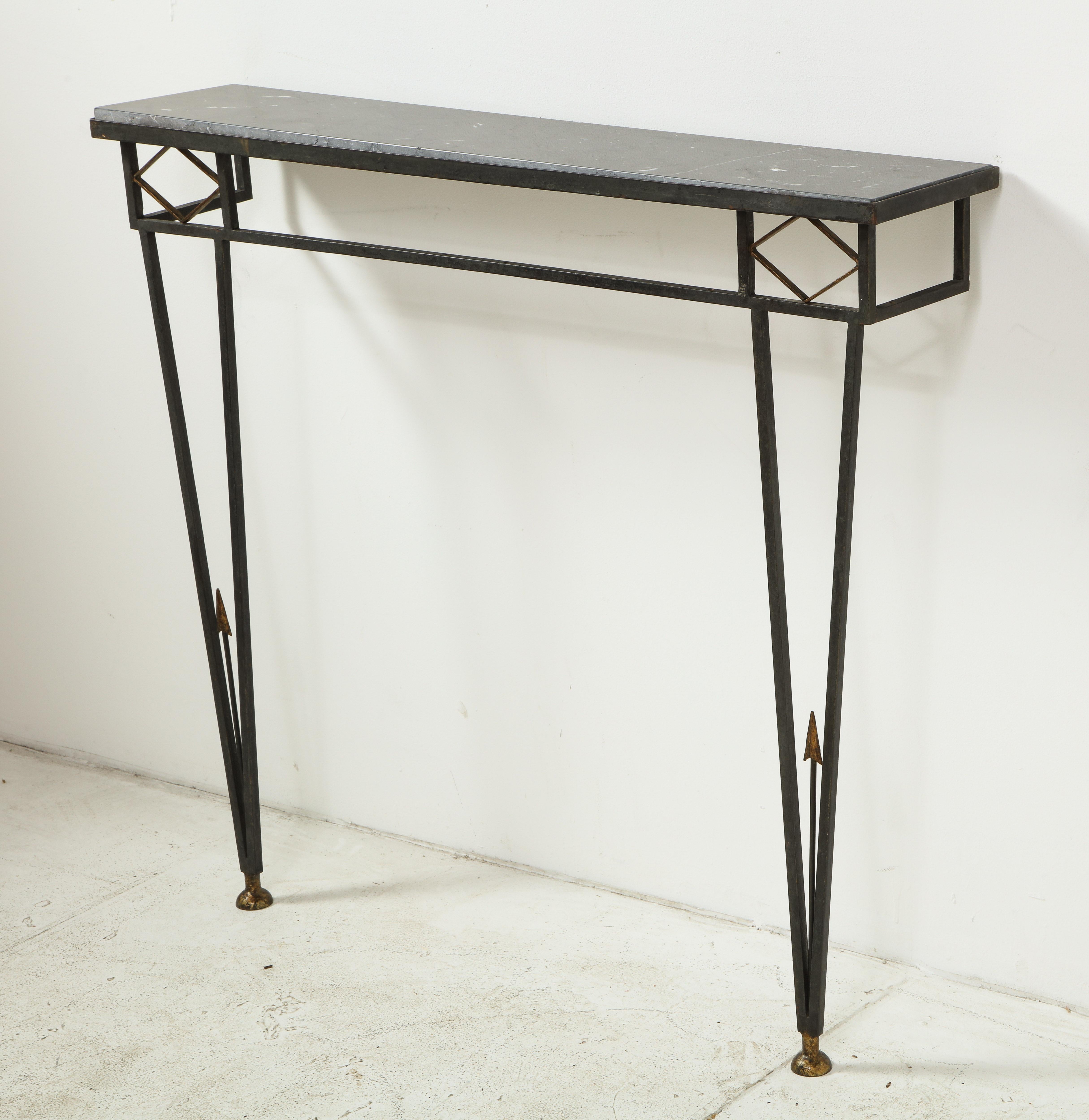 Art Deco Gilbert Poillerat Style Iron and Brass Wall-Mount Console with Black Stone Top