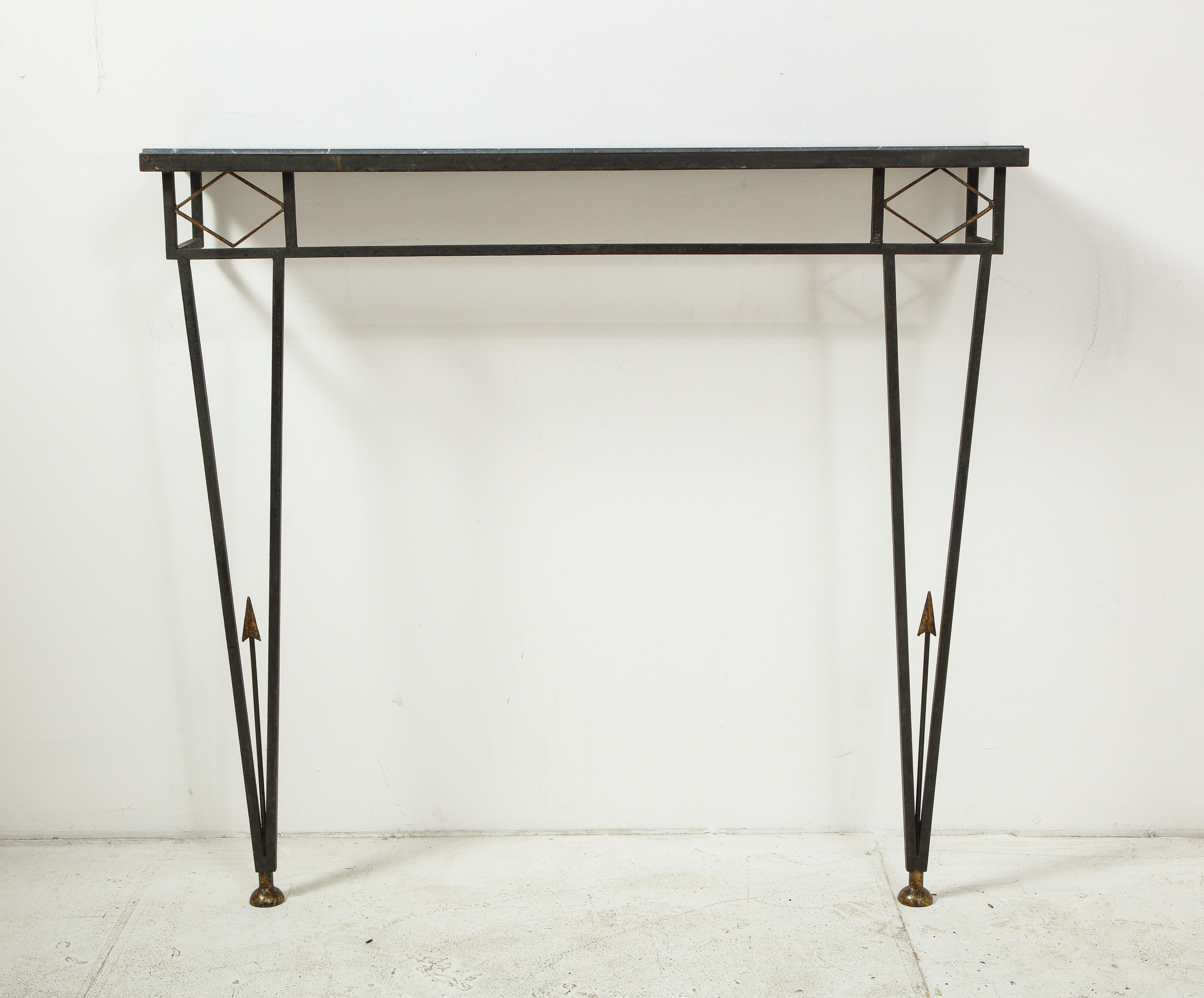 French Gilbert Poillerat Style Iron and Brass Wall-Mount Console with Black Stone Top