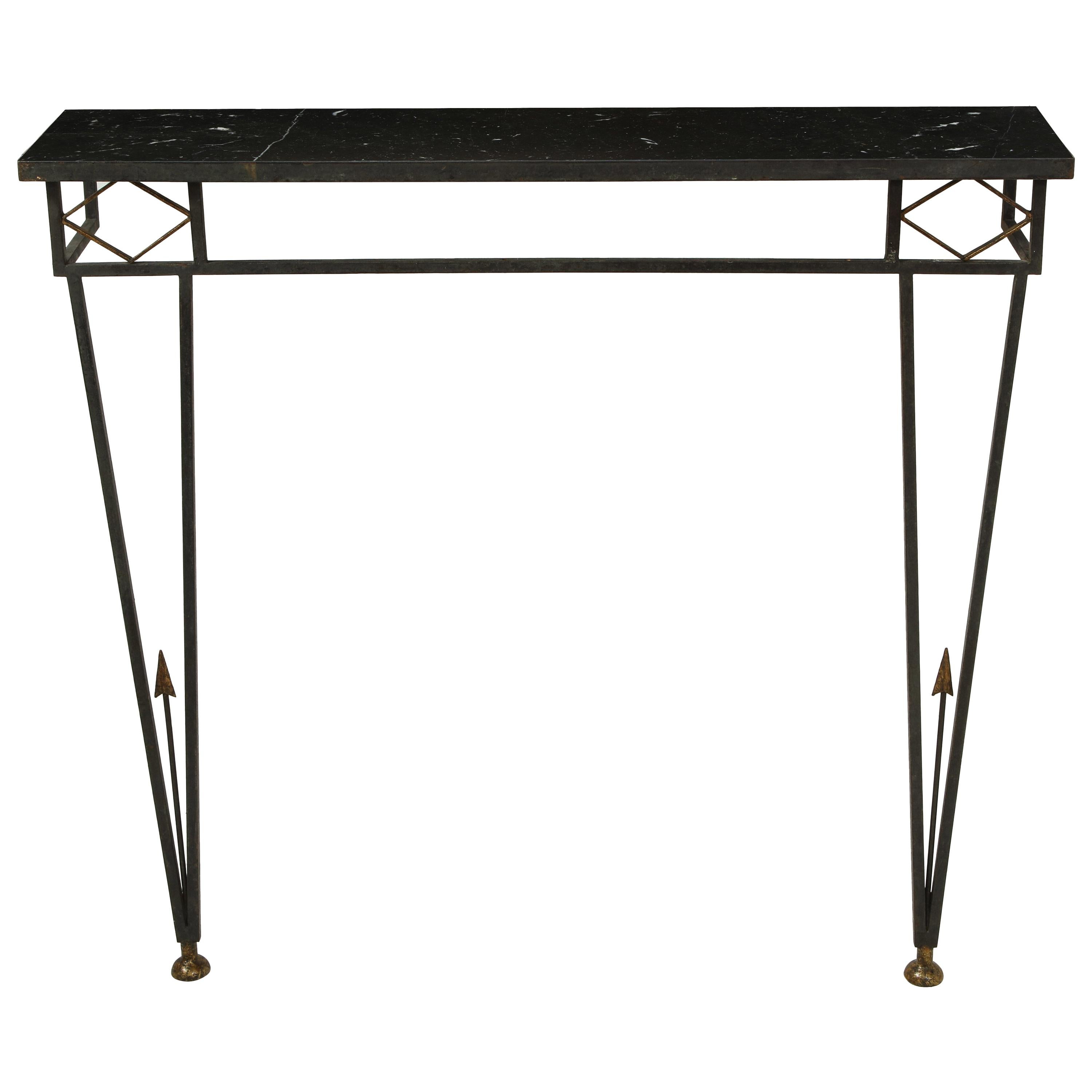 Gilbert Poillerat Style Iron and Brass Wall-Mount Console with Black Stone Top