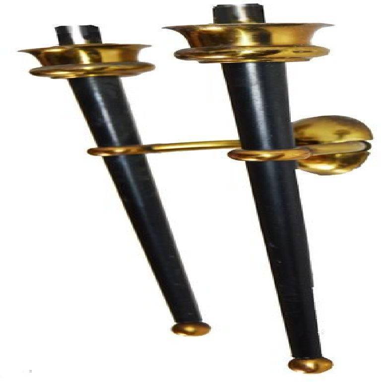 Impressive pair of double torchere in the style of Gilbert Poillerat. Two lights per sconce, 60 watts max per light. US rewired and in working condition.
Sold with shades: 4”H, 4”diam base, 3”top base.
Have a look on our impressive collection of 
