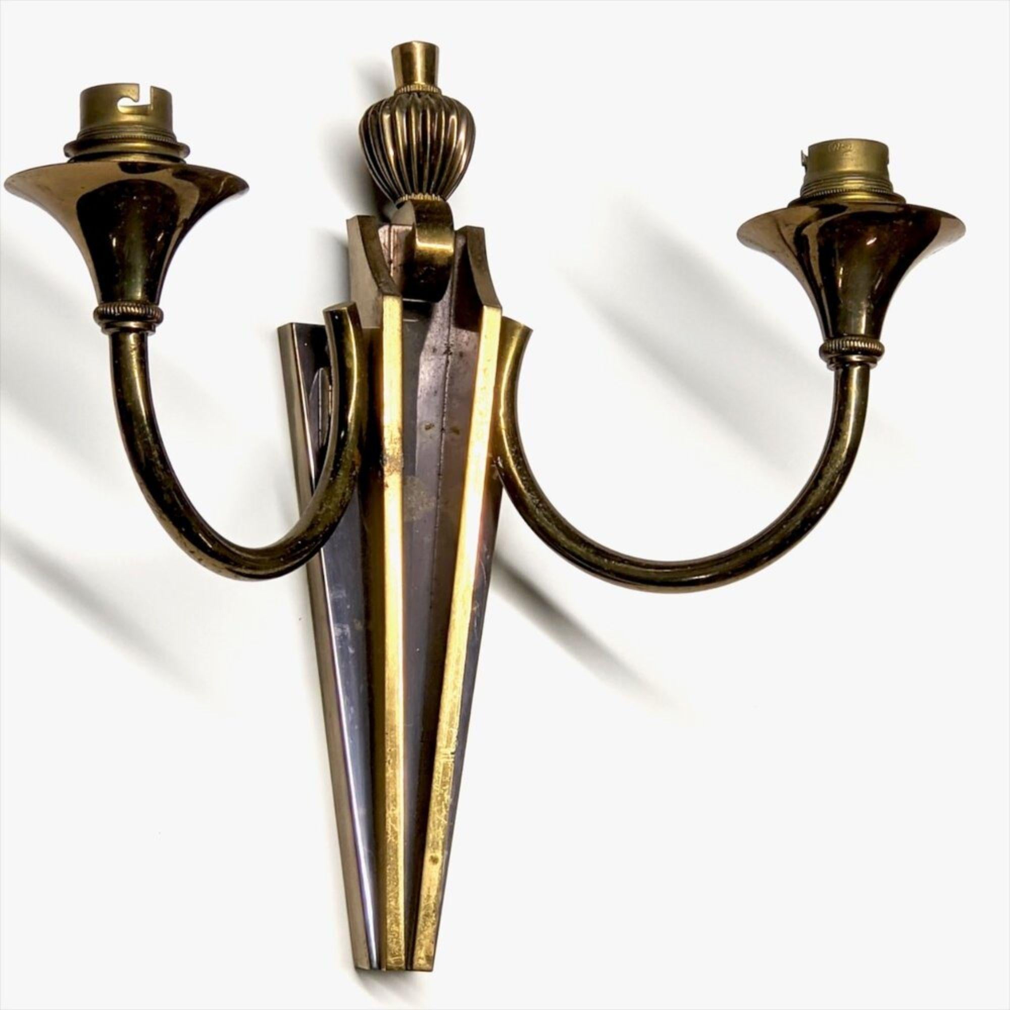 Art Deco Gilbert Poillerat Three Two-Branch Sconces For Sale