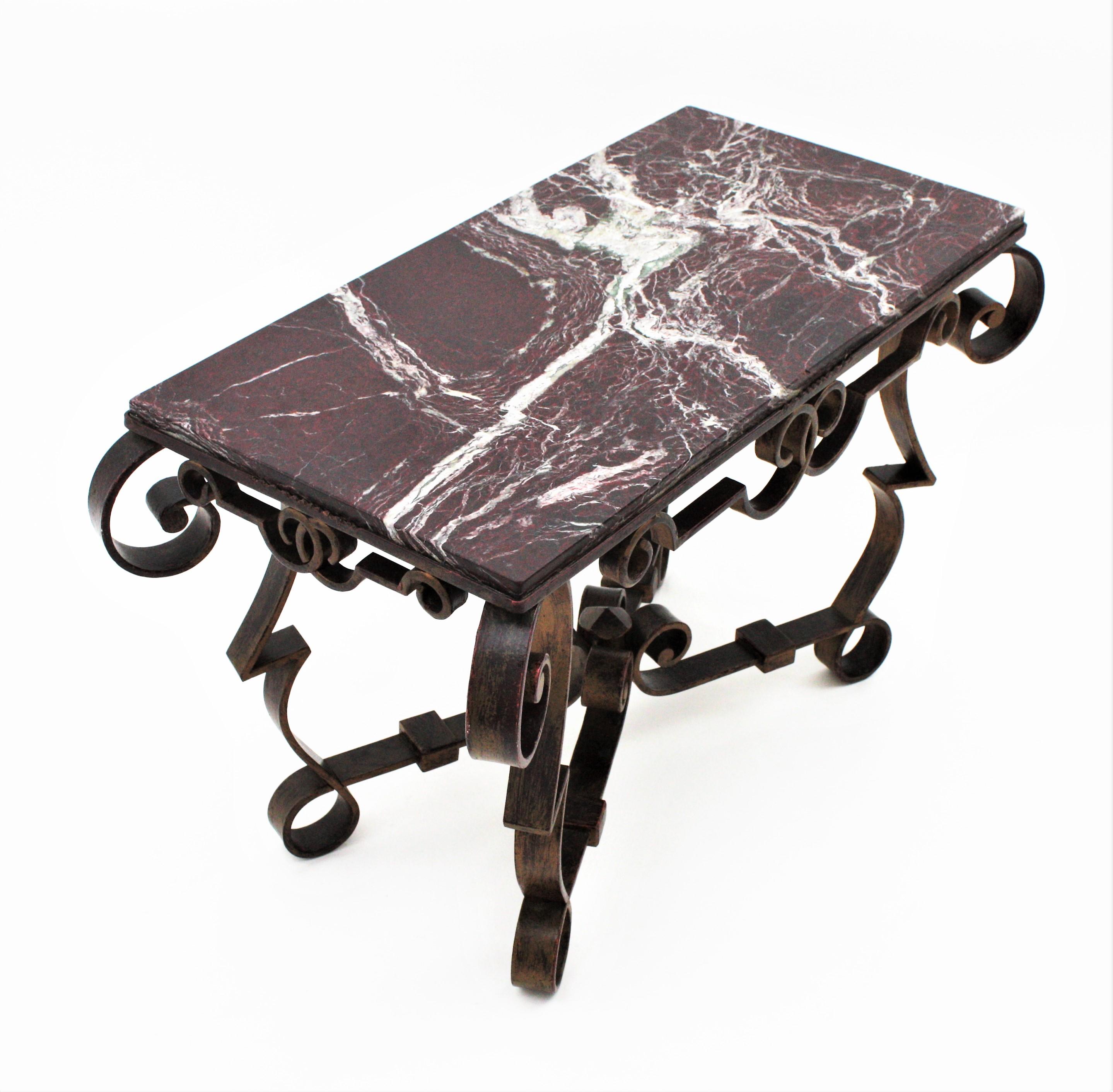 Gilbert Poillerat Table in Wrought Iron and Marble 4