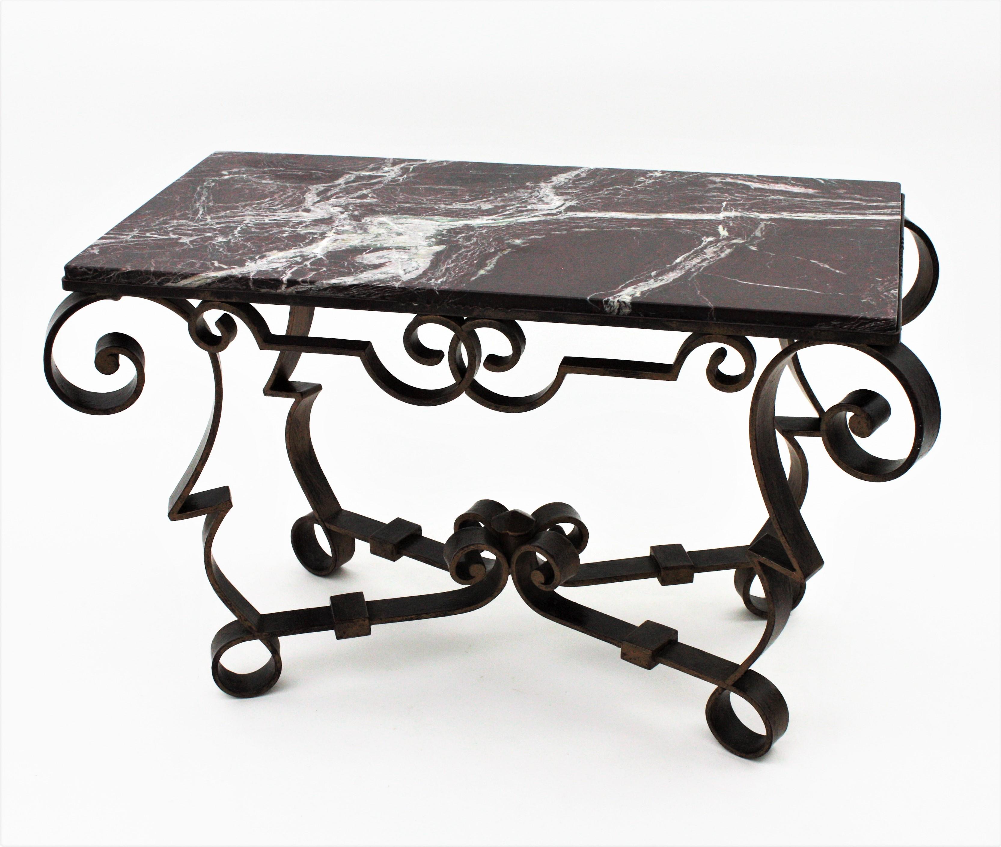 Gilbert Poillerat Table in Wrought Iron and Marble 9