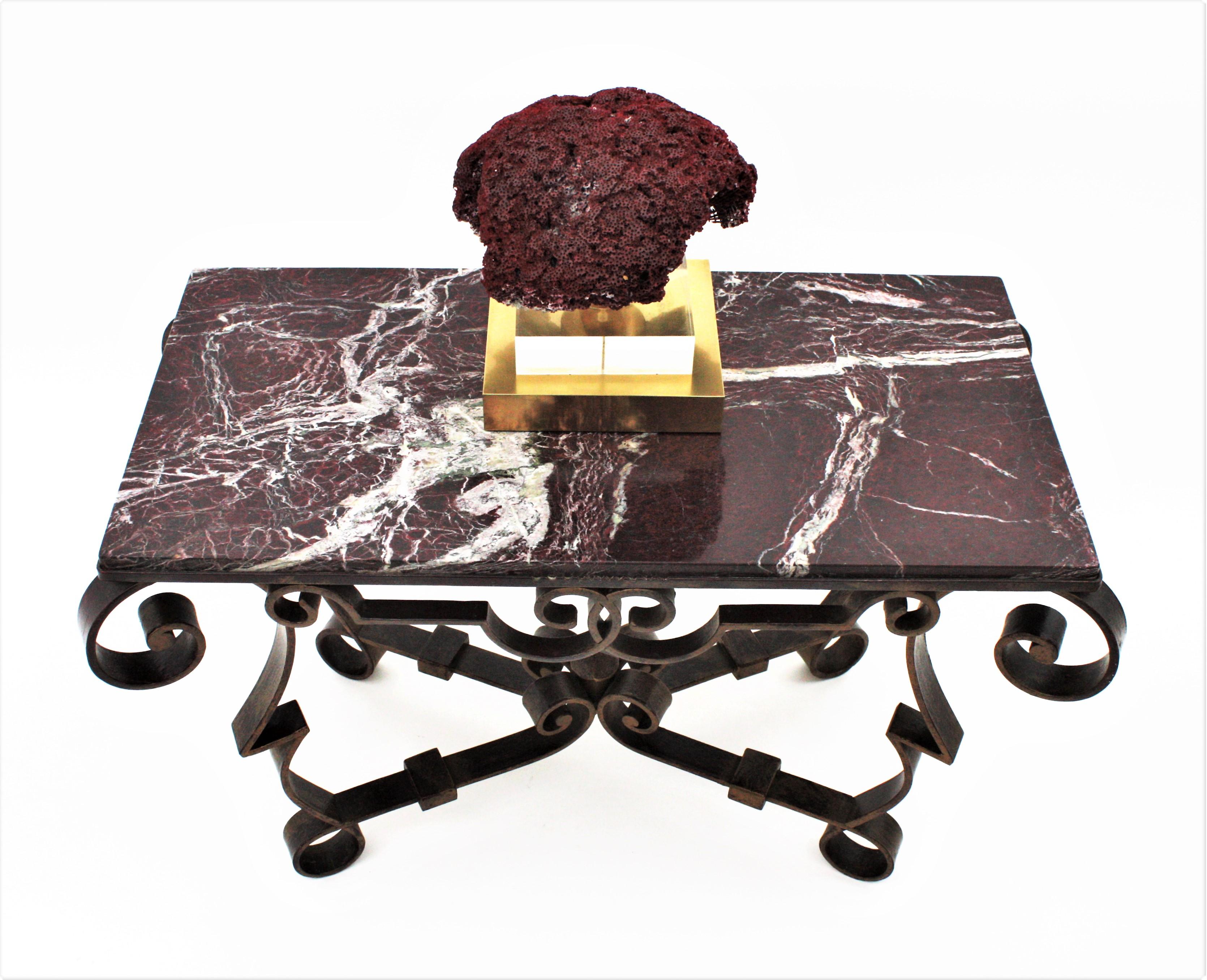 French Gilbert Poillerat Table in Wrought Iron and Marble