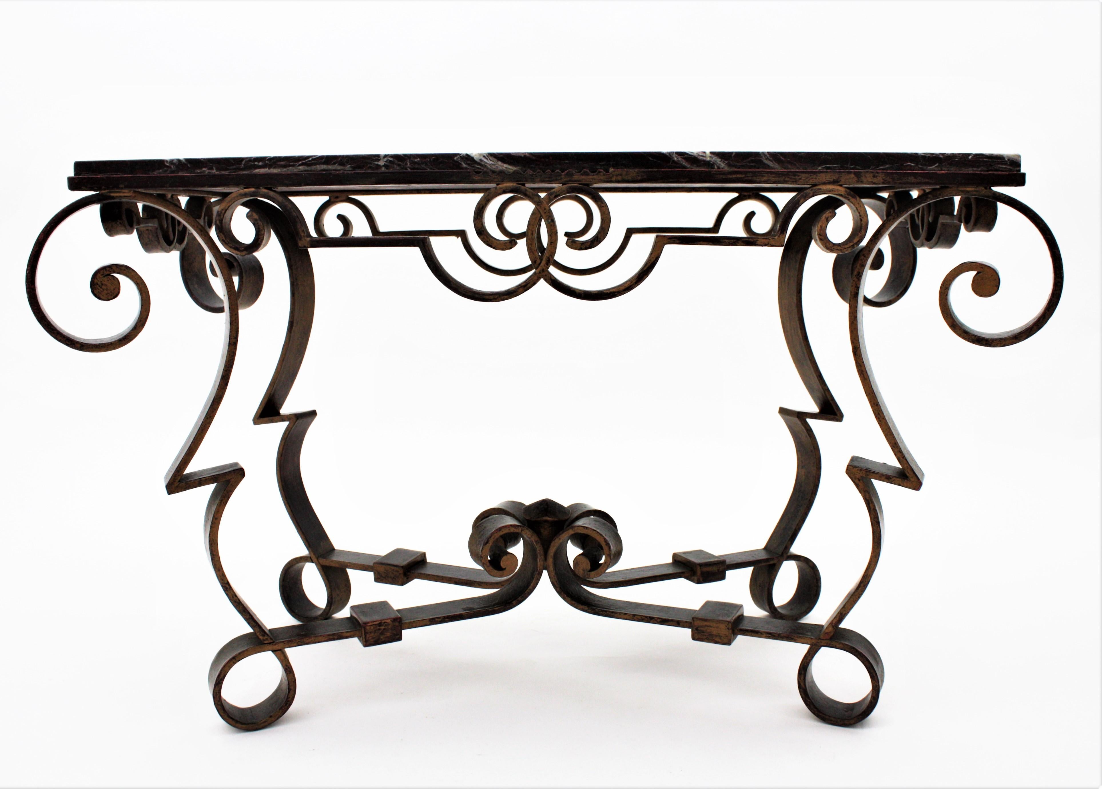 Patinated Gilbert Poillerat Table in Wrought Iron and Marble