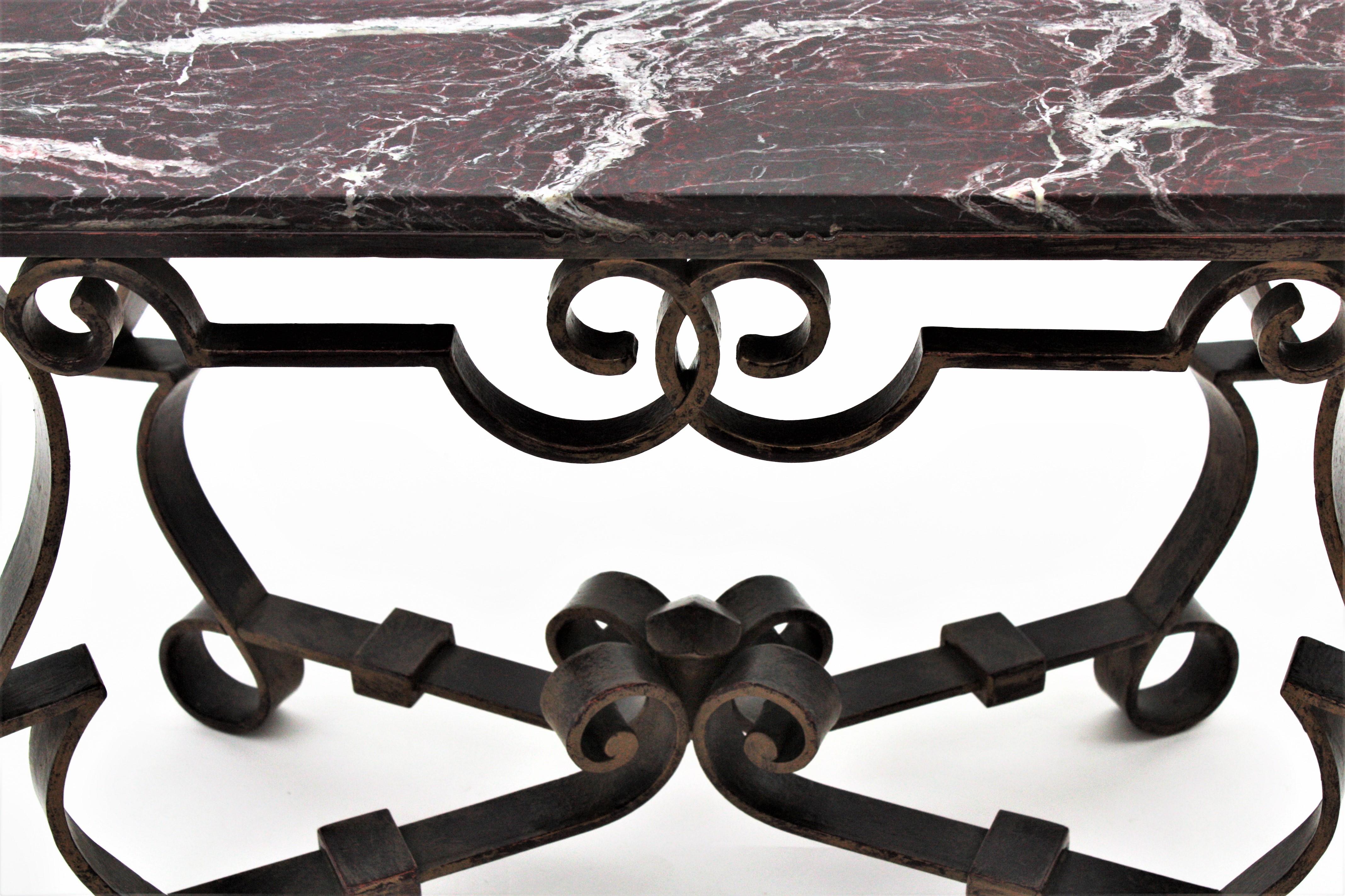 20th Century Gilbert Poillerat Table in Wrought Iron and Marble