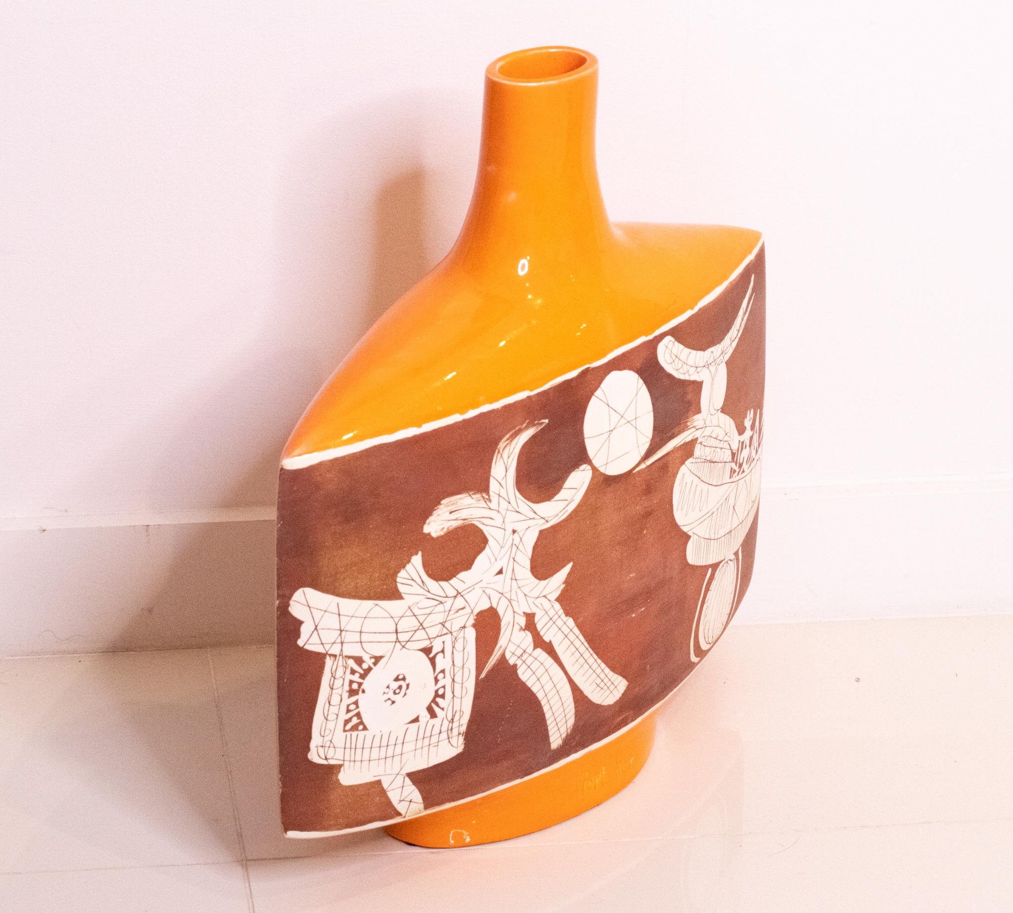 Abstrakte modernistische Vase aus glasierter Keramik von Gilbert Portanier, Frankreich Vallauris, 1950 (Glasiert) im Angebot