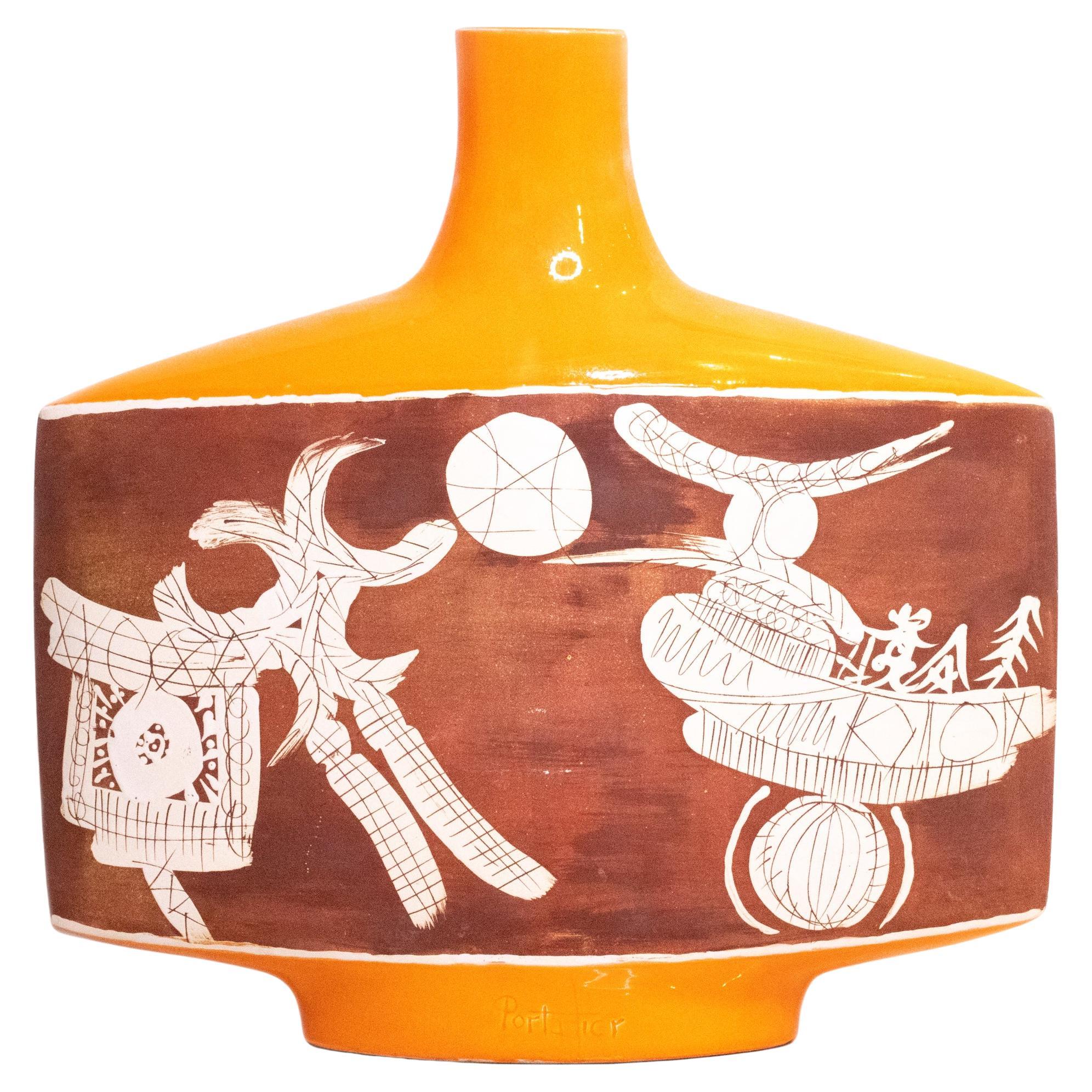 Abstrakte modernistische Vase aus glasierter Keramik von Gilbert Portanier, Frankreich Vallauris, 1950