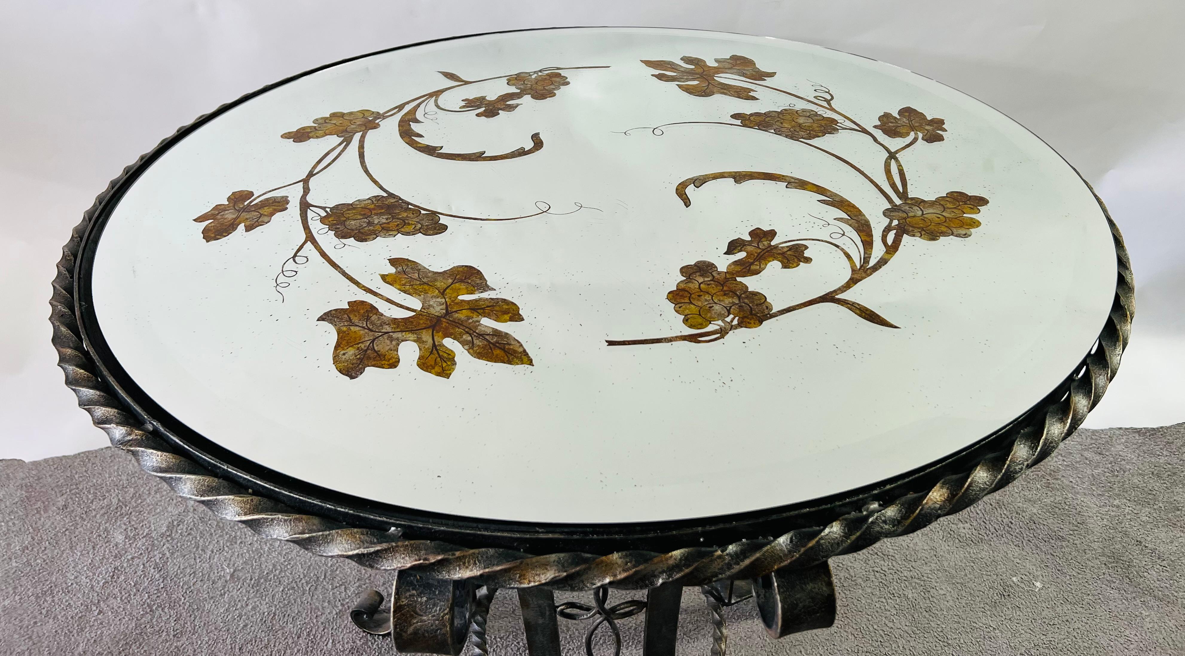 Gilbert Poillerat Style Art Deco Wrought Iron & Mirrored Top Round Center Table  In Good Condition For Sale In Plainview, NY