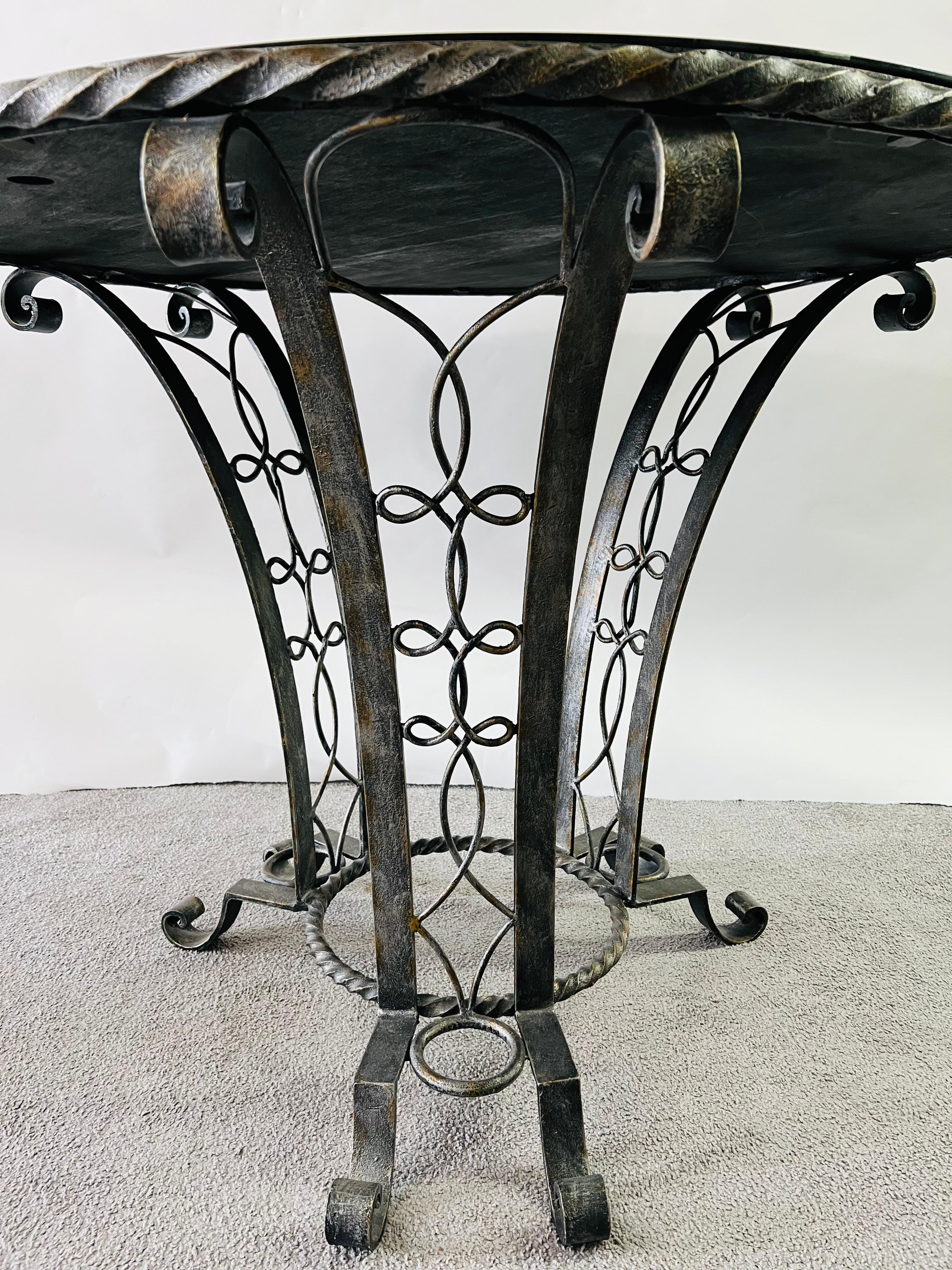 Gilbert Poillerat Style Art Deco Wrought Iron & Mirrored Top Round Center Table  For Sale 1