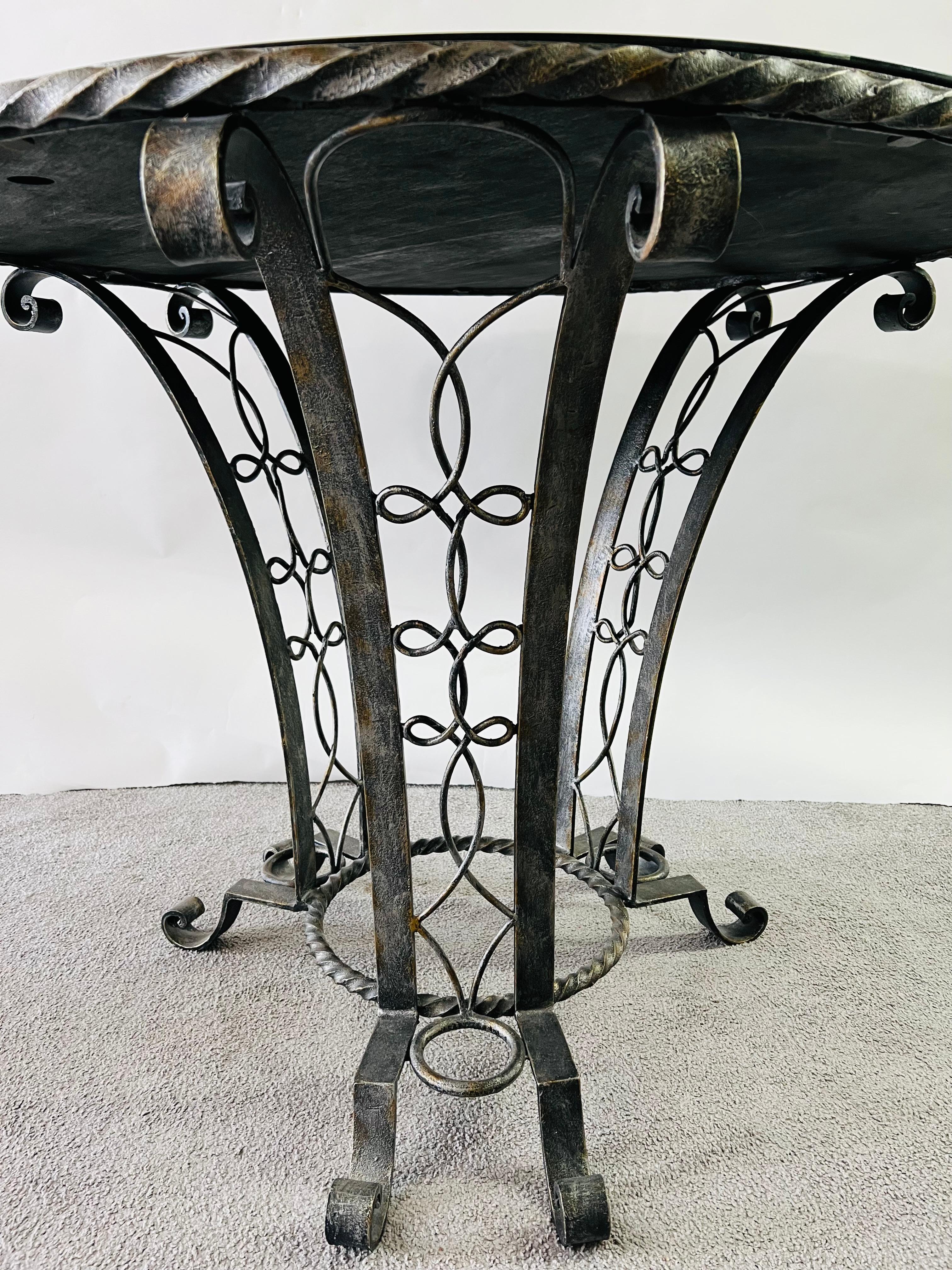 Gilbert Poillerat Style Art Deco Wrought Iron & Mirrored Top Round Center Table  For Sale 2