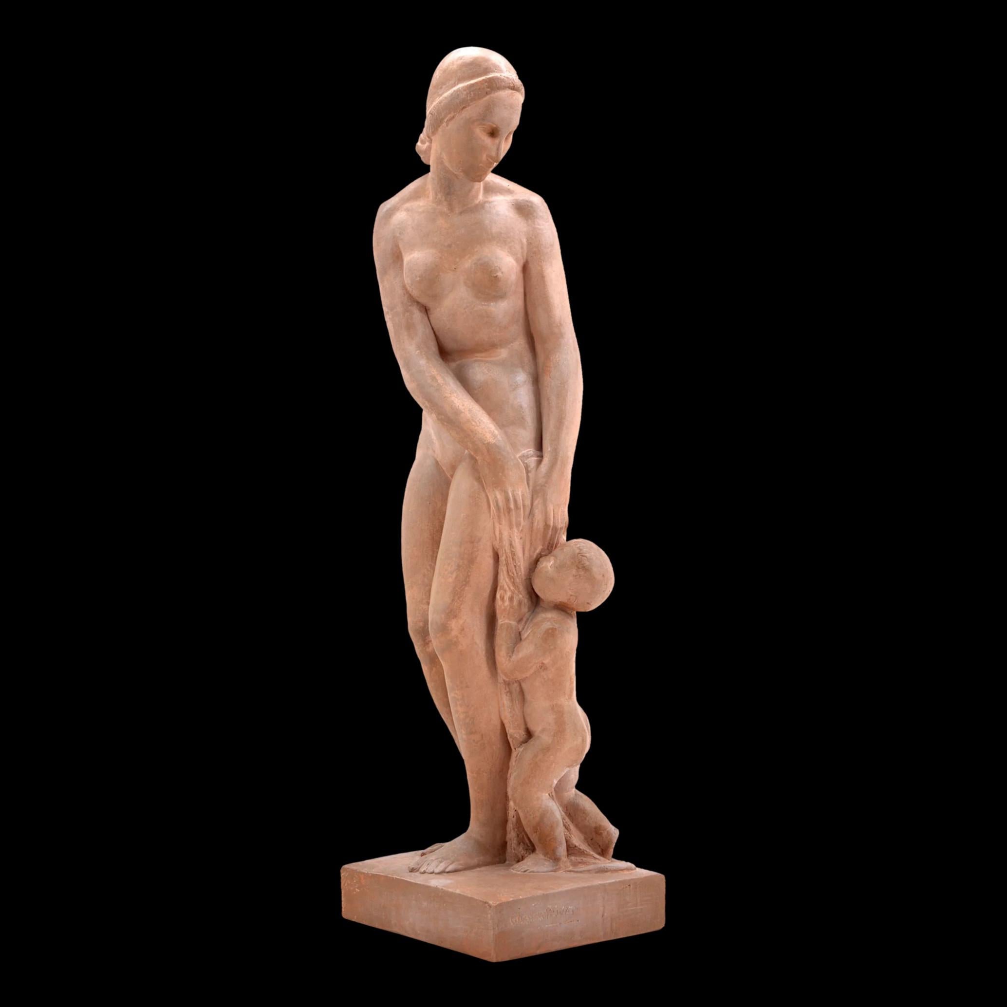 Large terracotta sculpture by Auguste Gilbert Privat (1892-1969), 1920s, France. Bather with a child. Measures: H 64.4 cm, 25.4 in, W 18.8 cm, 7.4 in, D 16.7 cm, 6.6 in. Signed on the right side of the base 