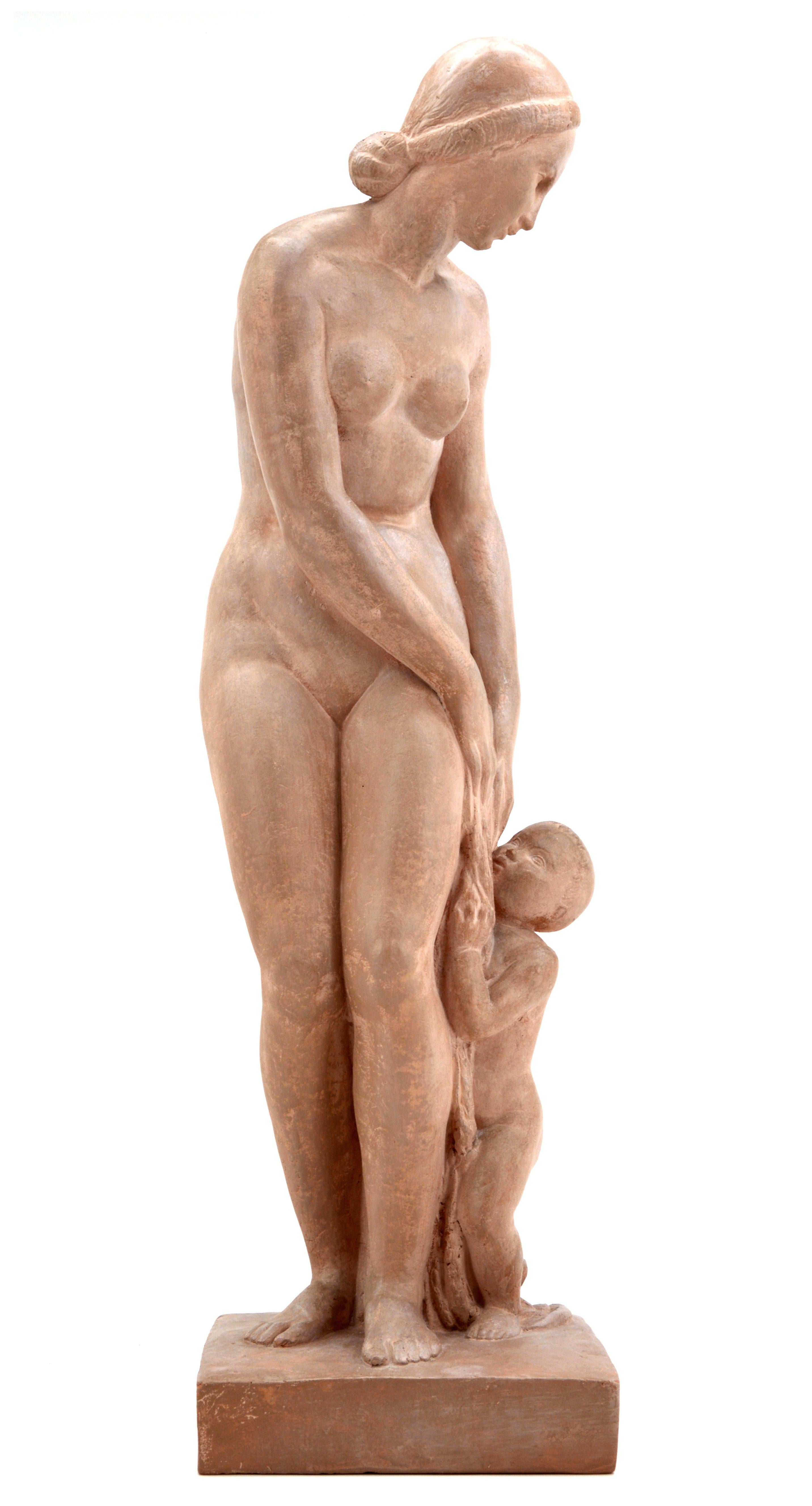 Large terracotta sculpture by Auguste Gilbert Privat (1892-1969), 1920s, France. Bather with a child. Measures: H 64.4 cm, 25.4 in, W 18.8 cm, 7.4 in, D 16.7 cm, 6.6 in. Signed on the right side of the base 
