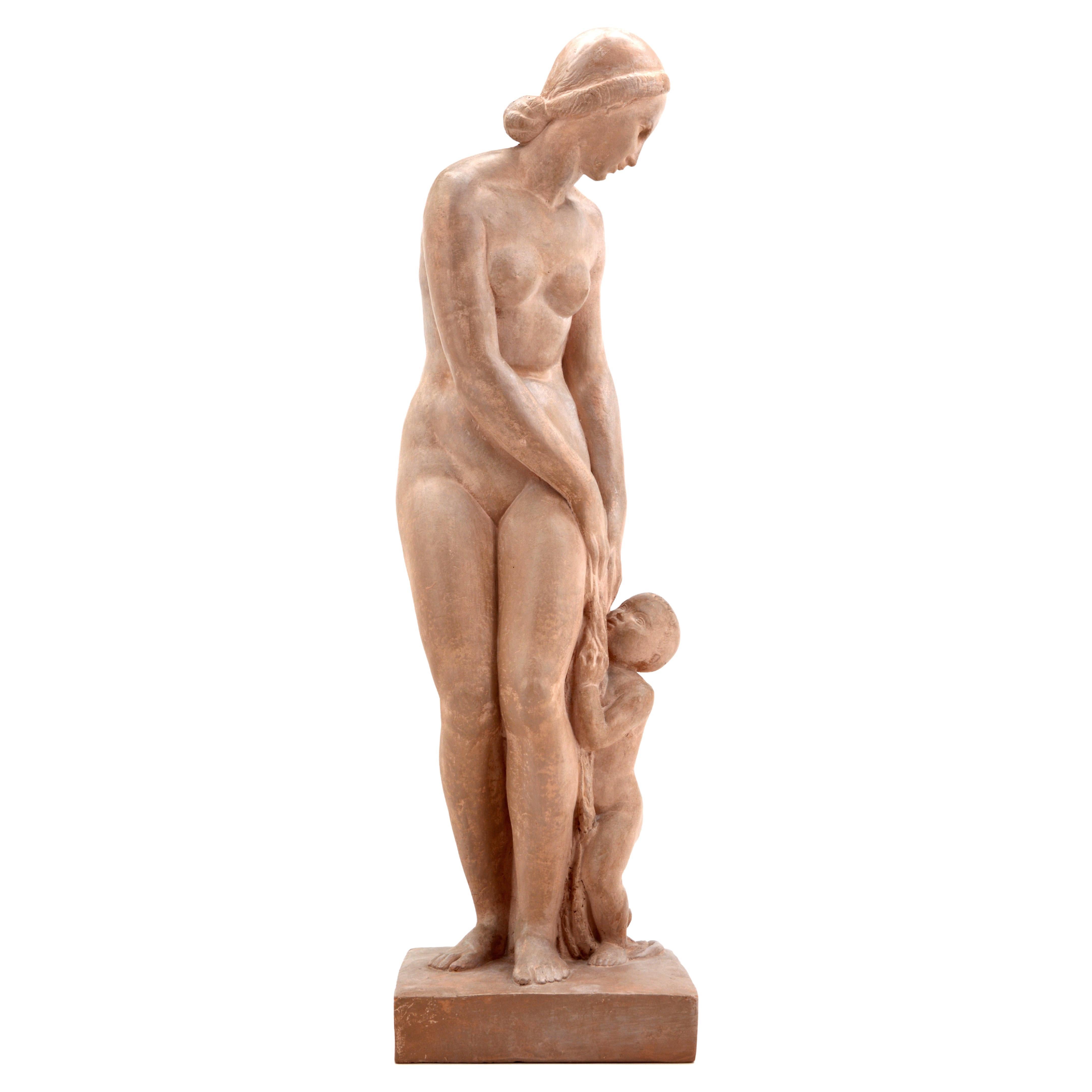 Gilbert Privat, French Art Deco Bather with Child, Terracotta Sculpture, 1920s For Sale