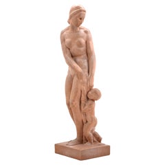 Gilbert Privat, French Art Deco Bather with Child, Terracotta Sculpture, 1920